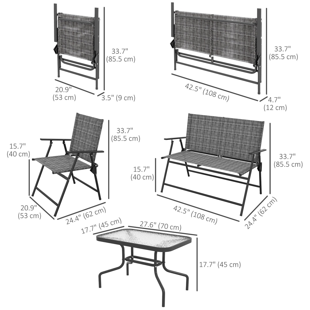 4pc Patio Furniture Set with Foldable Chairs, Loveseat and Glass Table, Mixed Grey — product view 5