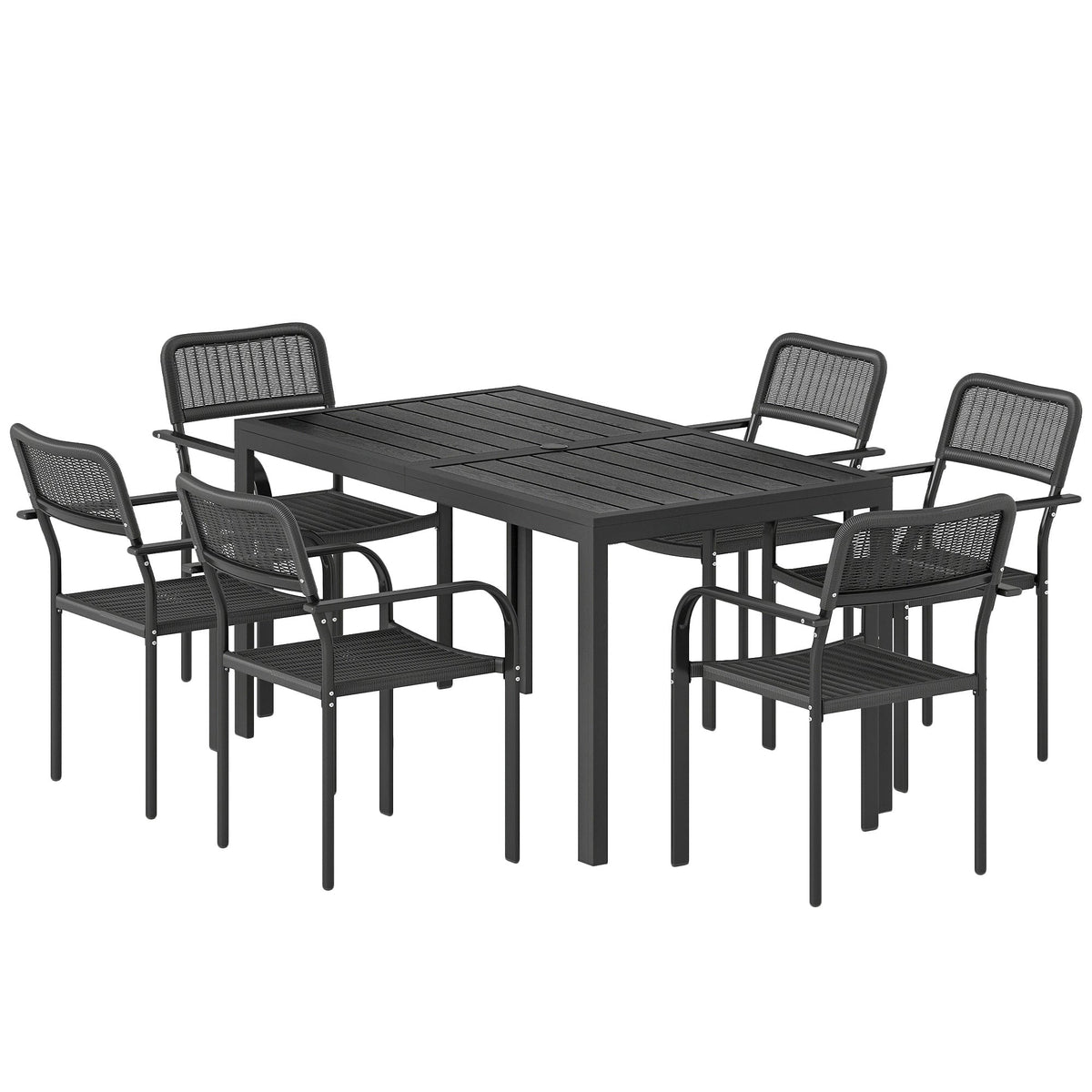 7-Piece Garden Dining Set with 6 Faux Rattan Chairs & Wood-Effect Table, Black — product view 2