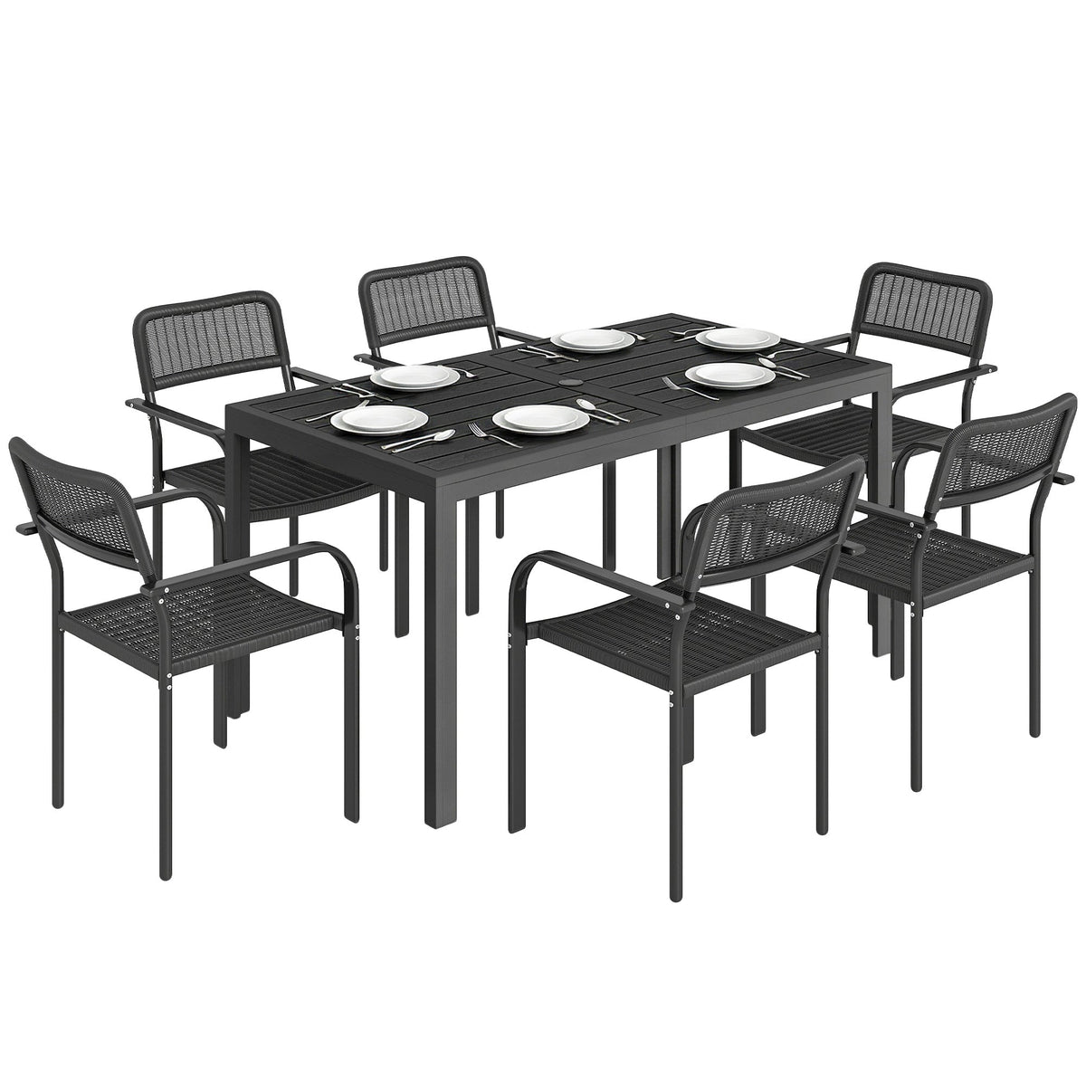 7-Piece Garden Dining Set with 6 Faux Rattan Chairs & Wood-Effect Table, Black — product view 1