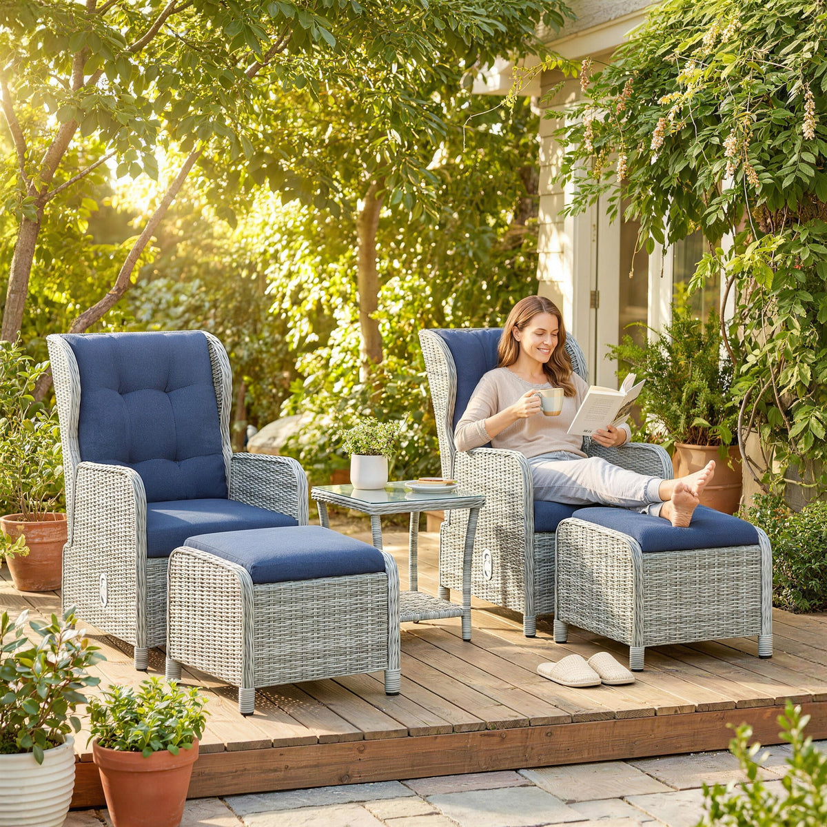 5 Piece Rattan Reclining Chair Set with Footstool and Glass Table, Dark Blue — product view 3