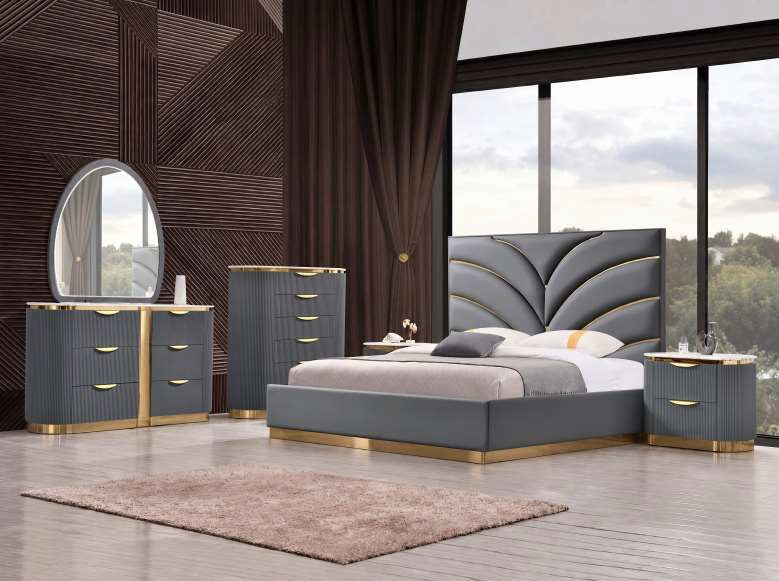 Mc Ferran Arial Grey Wood Finish Faux Leather Tufted Queen Bedroom Set – B1003-4PC-Q — product view 1