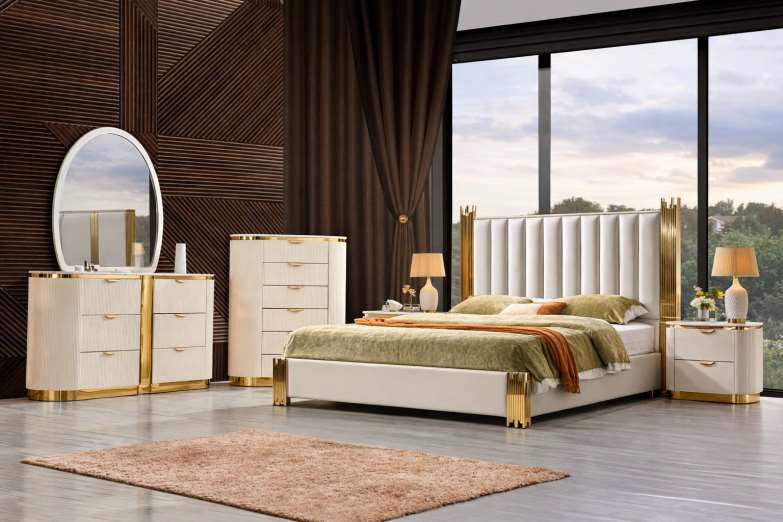 Mc Ferran Alliyah Cream Wood Finish Faux Leather Tufted Queen Bedroom Set – B2003-4PC-Q — product view 1