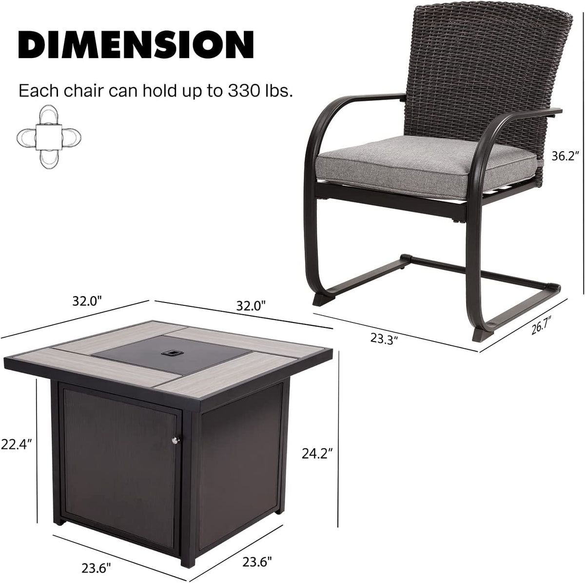 LOUNGE YARD Dining Set with 4 Chairs and 32 Inch Square Propane Fire Table — product view 6