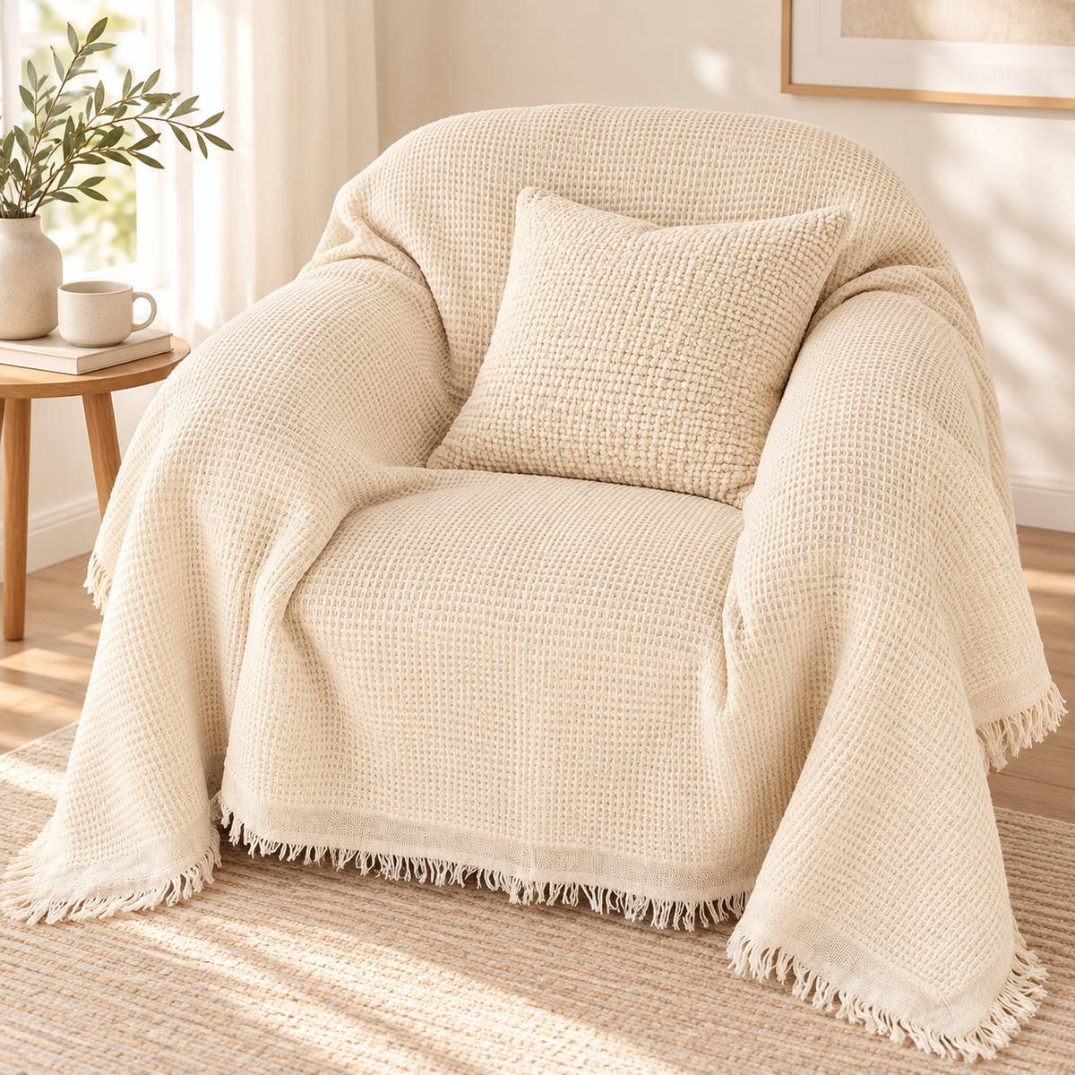 Waffle-Weave Fringed Throw Blanket LoungeYard — product view 1