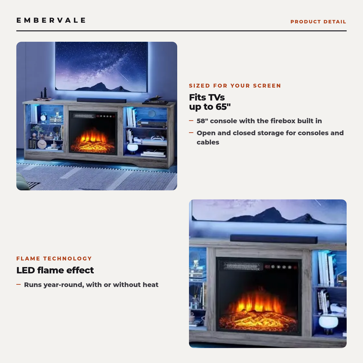 58 Inch Electric Fireplace TV Stand for TVs up to 65 Inch, Modern Media Console Entertainment Center, Adjustable LED Flame for Living Rooms — product view 3