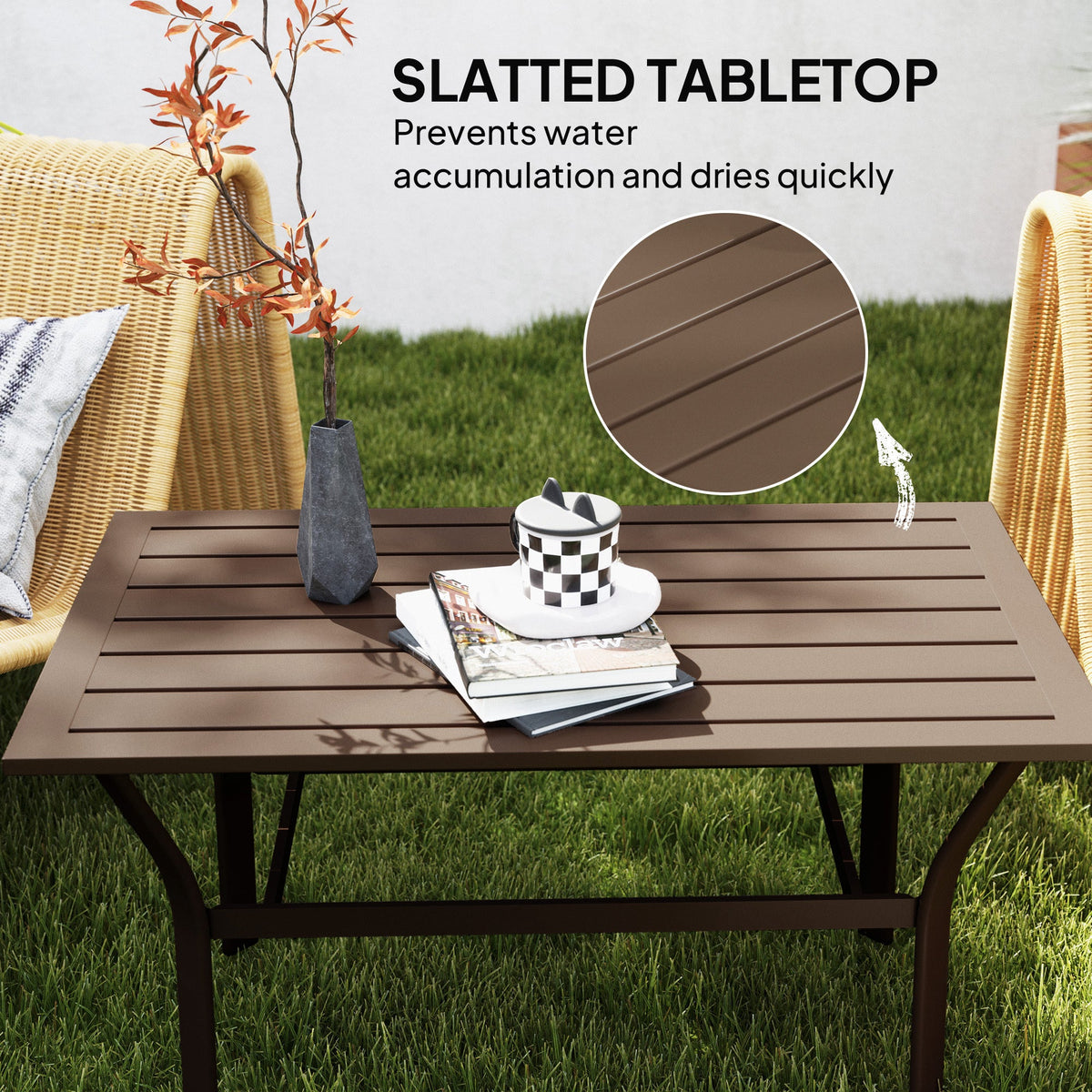 Outdoor Metal Coffee Table with Slatted Top, Brown — product view 6