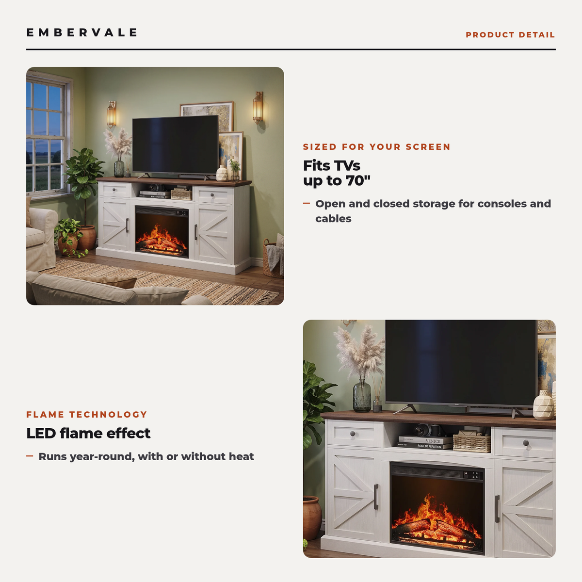 Farmhouse Fireplace TV Stand for TVs up to 70 Inch, Entertainment Center with 23 Inch Electric Fireplace, Drawers & Storage, Antique White — product view 4