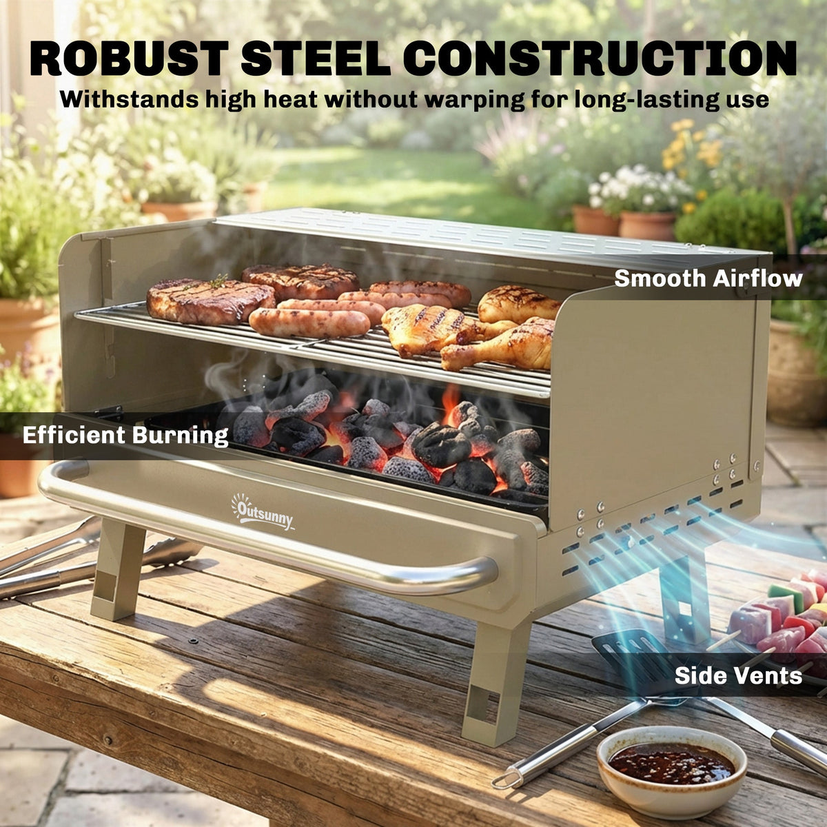 Portable Charcoal BBQ Grill with Adjustable Grates and Side Shelf, Khaki — product view 6