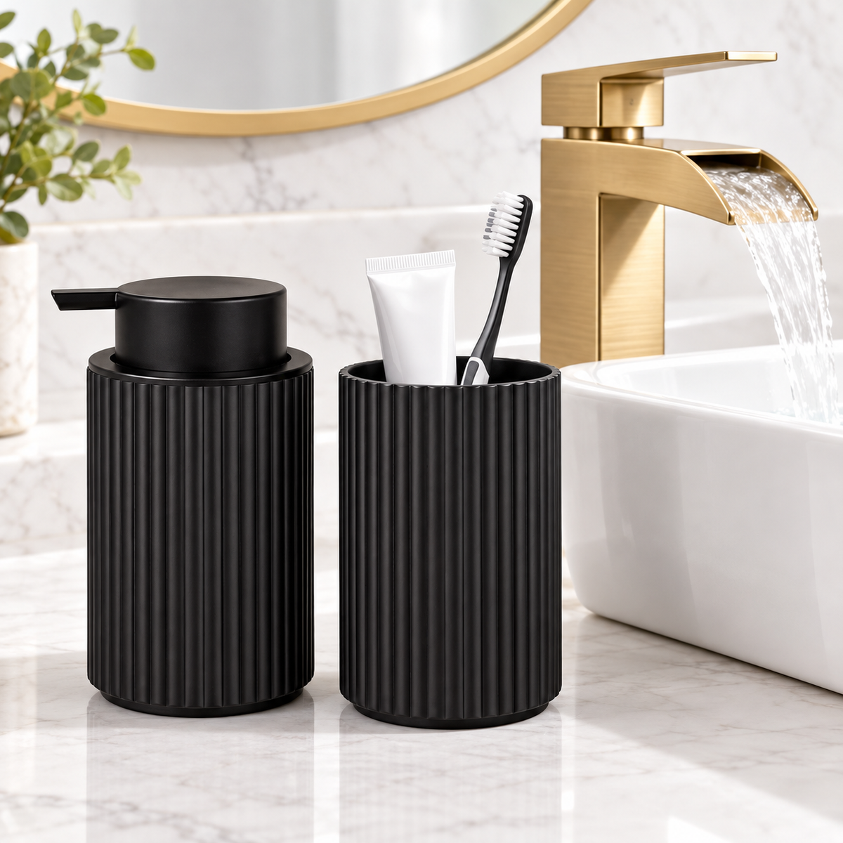 Ribbed Matte Bathroom Soap Dispenser and Tumbler Organizer LoungeYard — product view 1