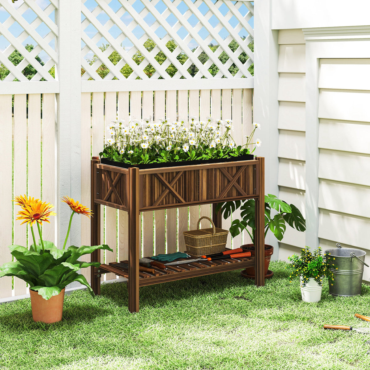 34" x 18" x 30" Wooden Raised Garden Bed with Shelf, Carbonized — product view 3