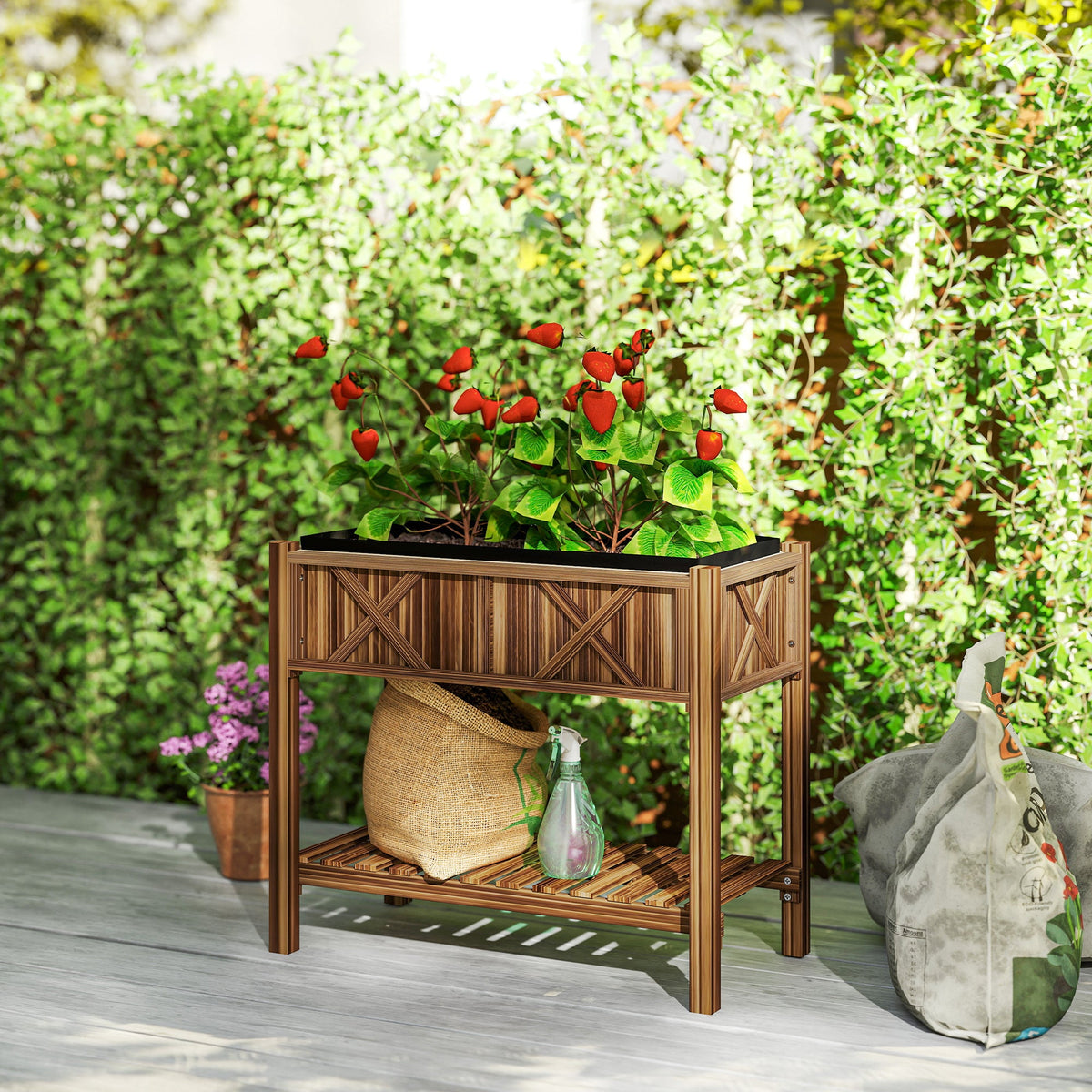 34" x 18" x 30" Wooden Raised Garden Bed with Shelf, Carbonized — product view 4