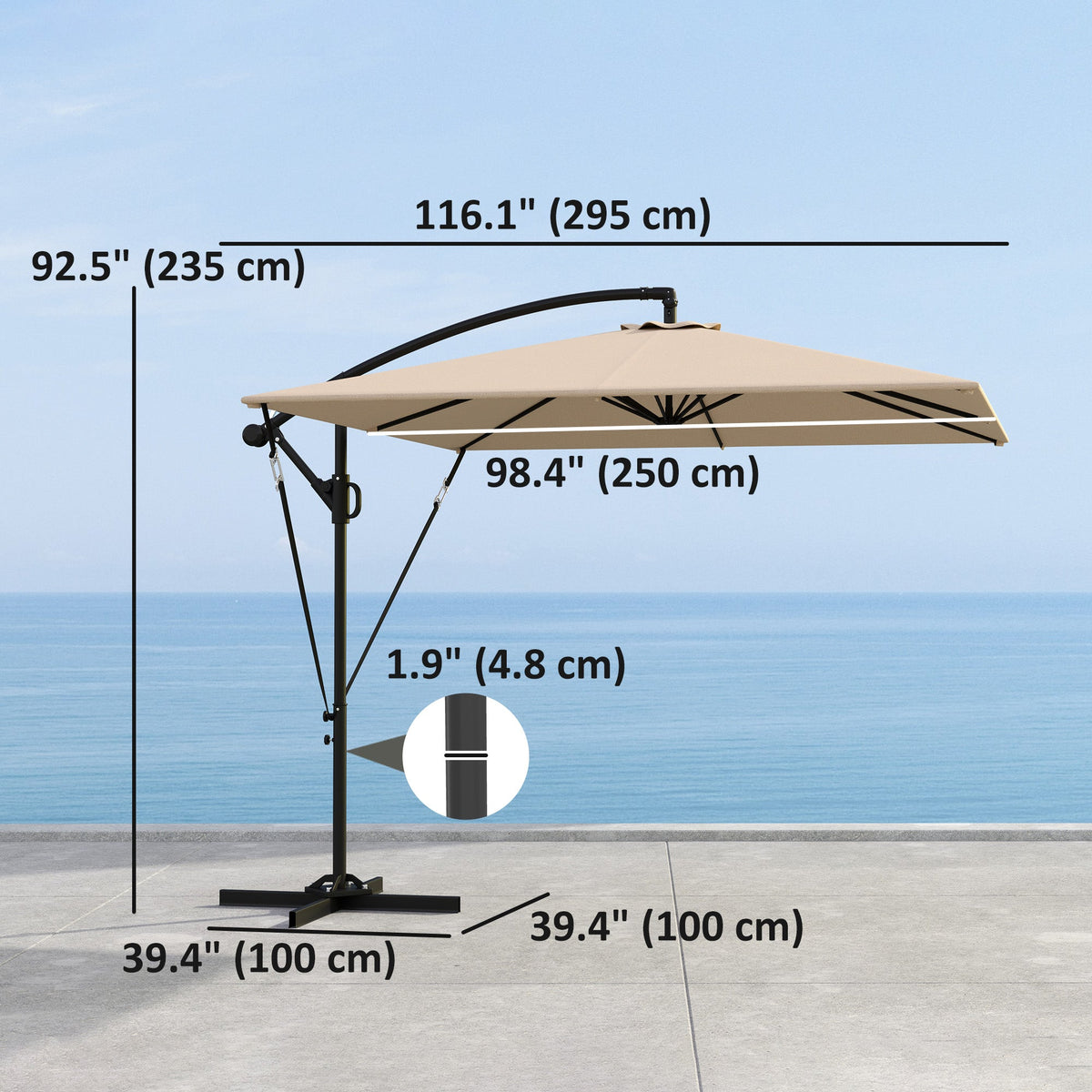 Offset Patio Umbrella with Base, Cover and Tilt Function, Khaki — product view 5