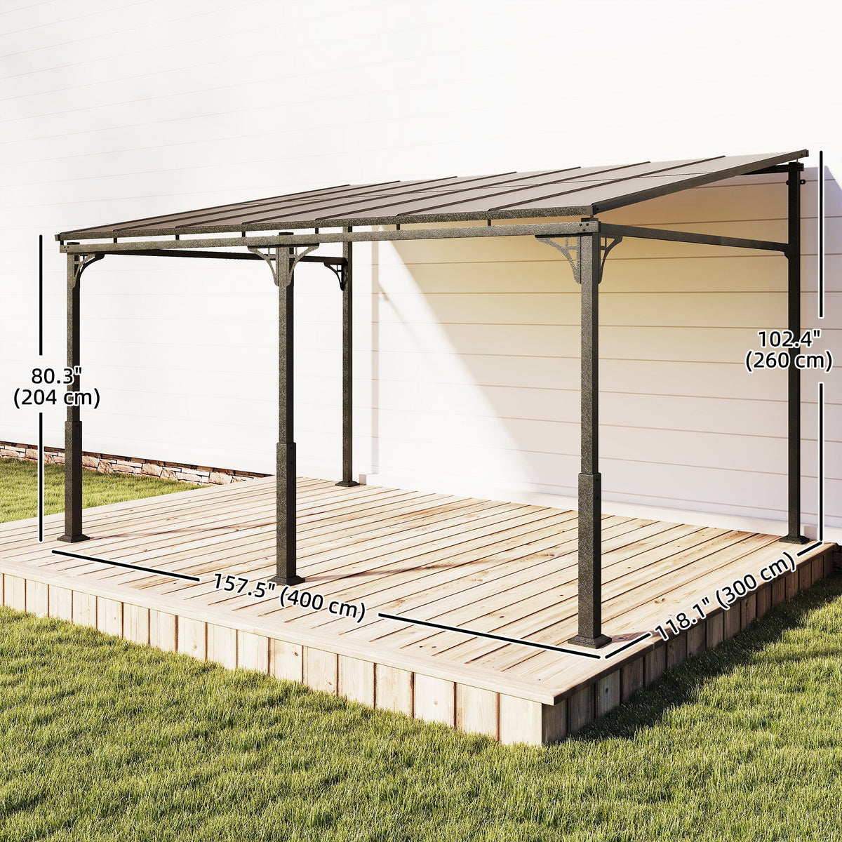 13' x 10' Lean-to Gazebo with Polycarbonate Roof, Brown — product view 5