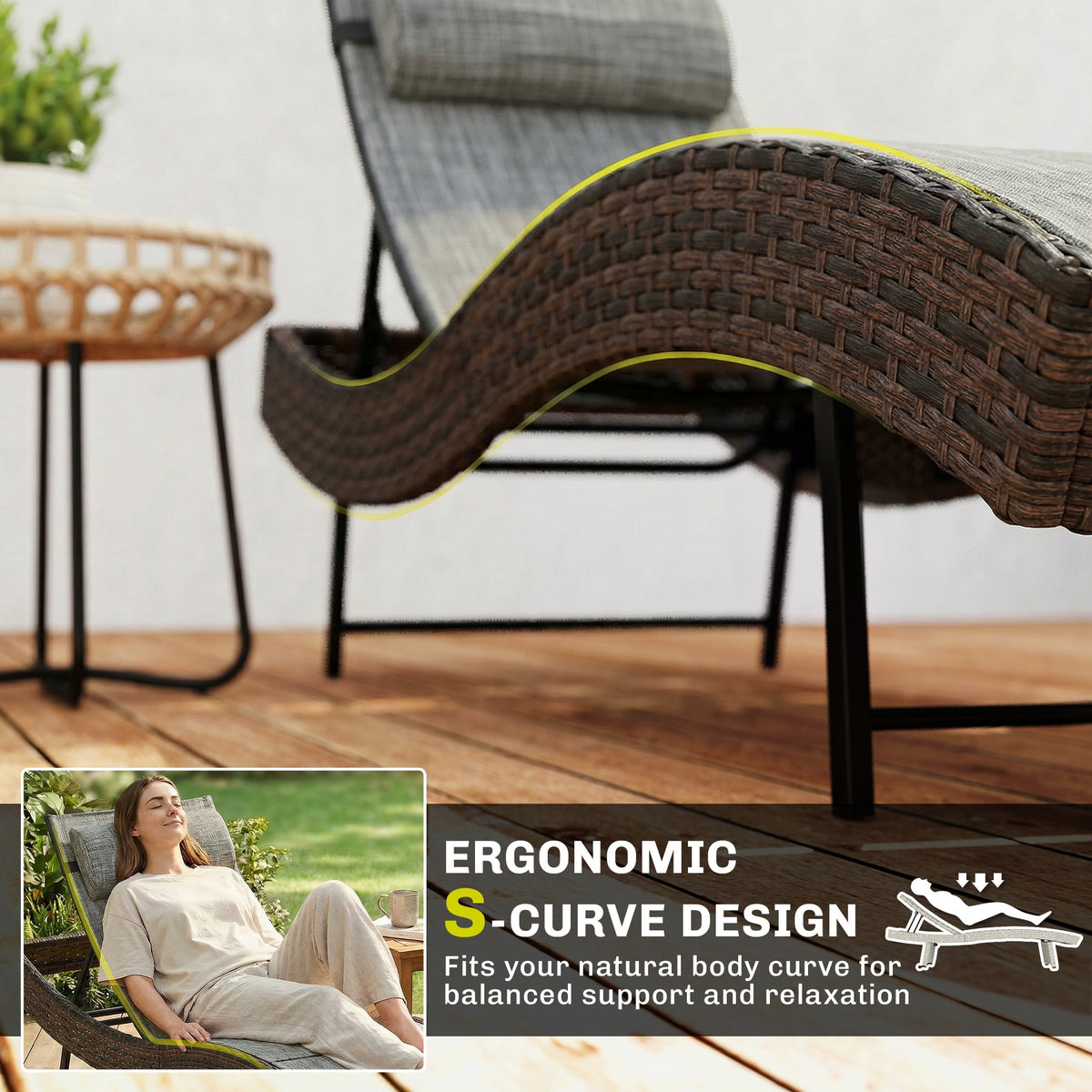 Rattan Sun Lounger with S-Shaped Seat and 5-Position Backrest, Brown — product view 6