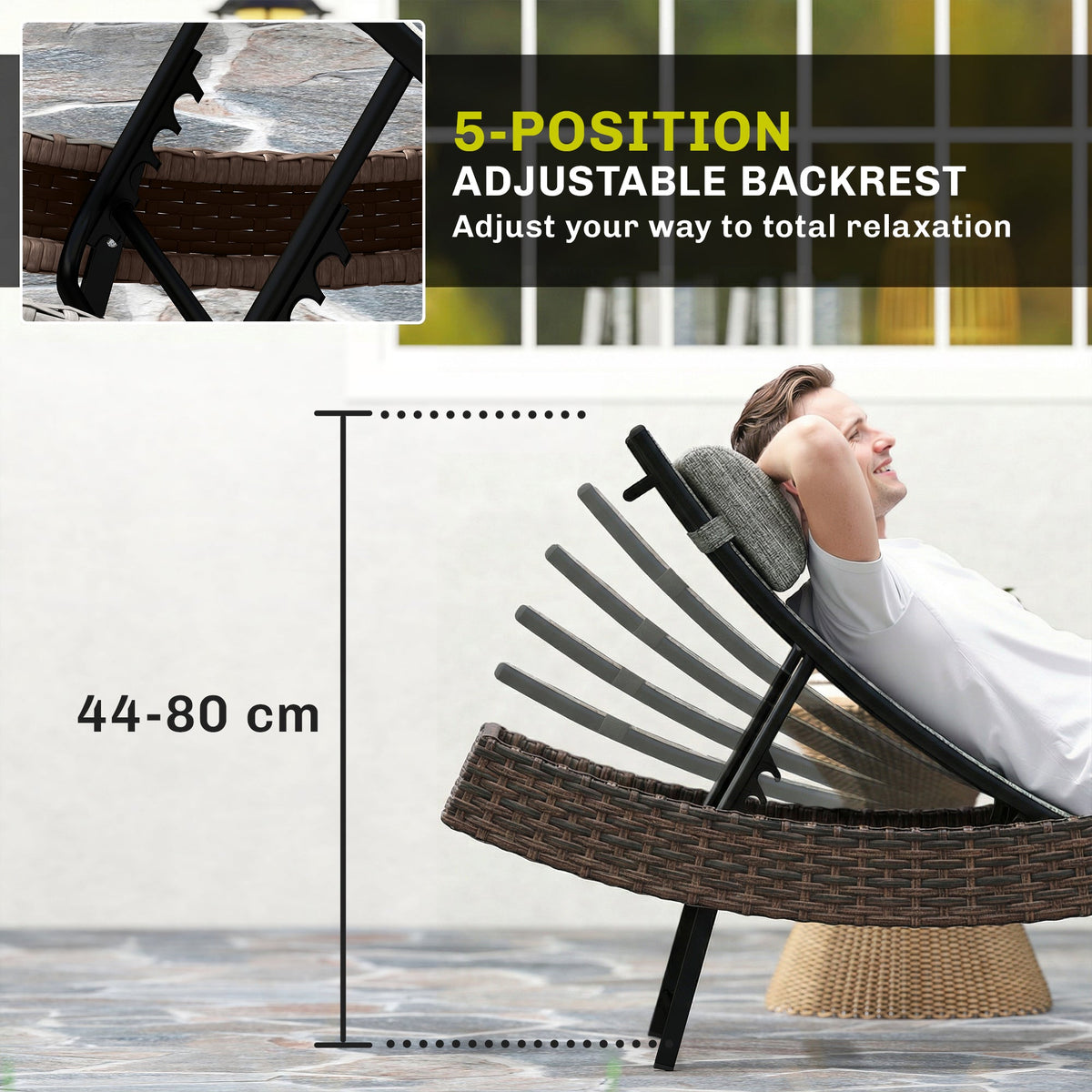 Rattan Sun Lounger with S-Shaped Seat and 5-Position Backrest, Brown — product view 7