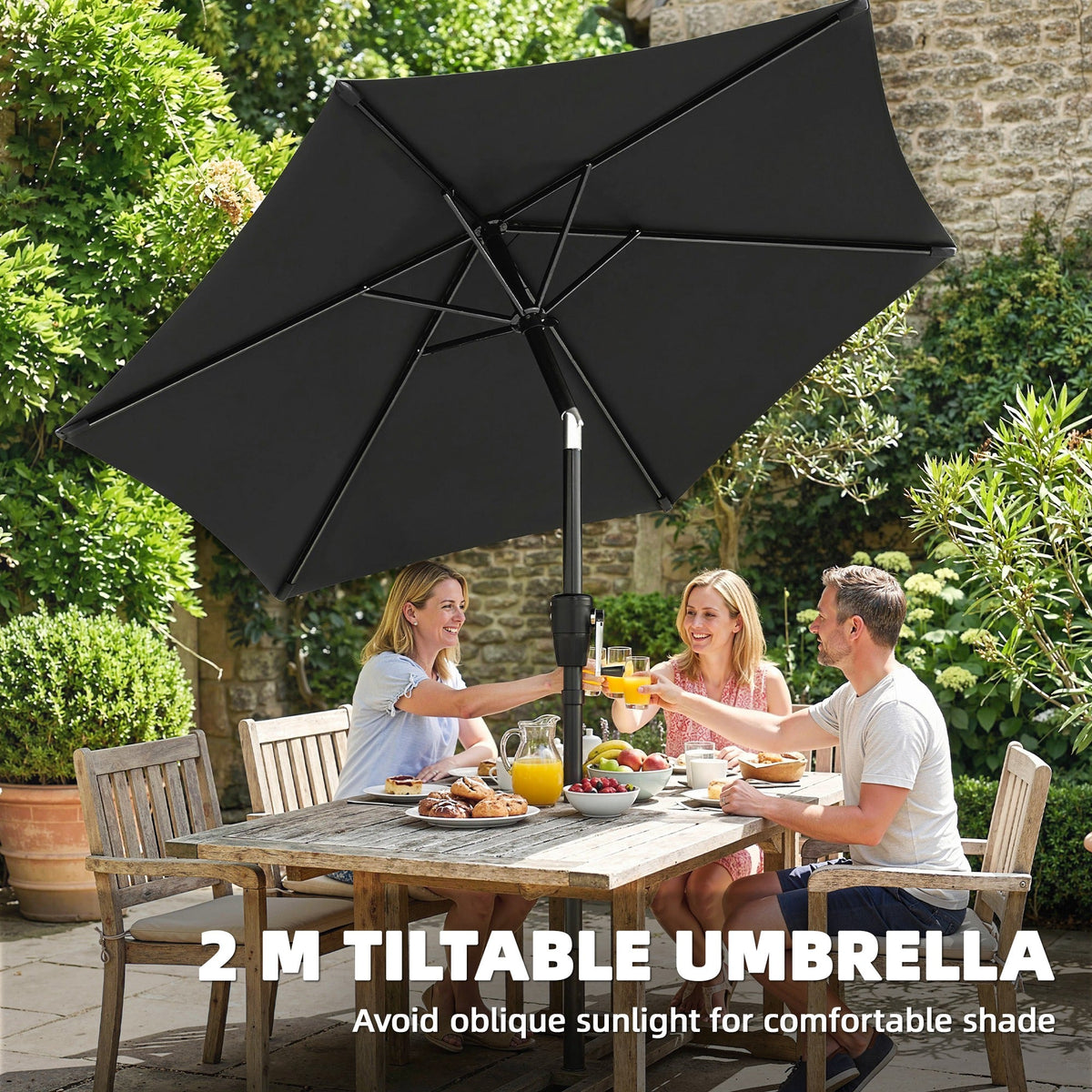 2 m Garden Parasol with Crank Handle, Tilt Function & UV30+, Black — product view 6
