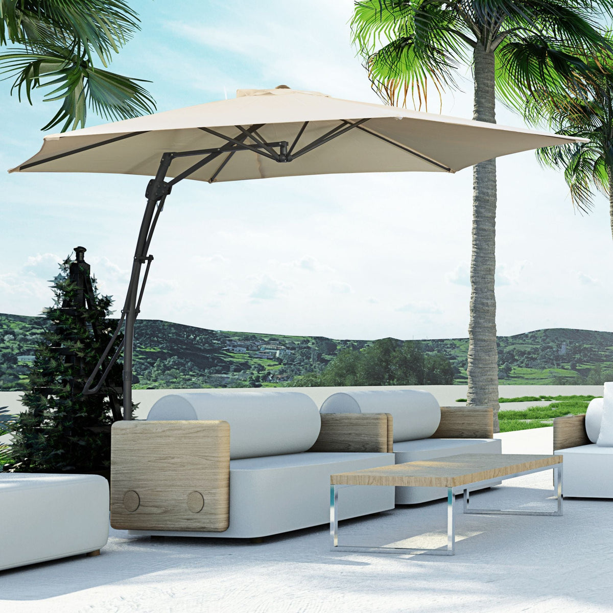 9.6ft Cantilever Patio Umbrella with Crank Handle and Cross Base, Cream White — product view 3