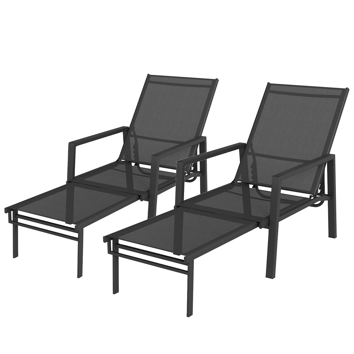 Set of 2 Adjustable Sun Loungers with Retractable Footrest, Steel Frame, Black — product view 2