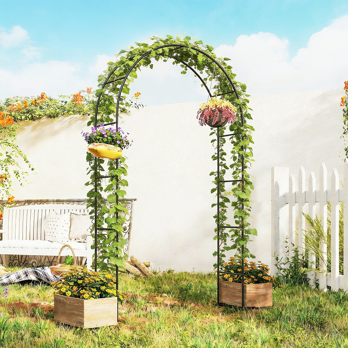 8 ft Steel Garden Arch Trellis with Base, Black — product view 4