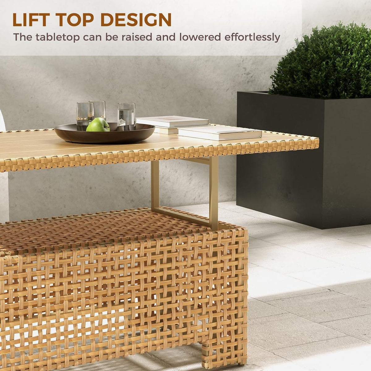 LOUNGE YARD Outdoor & Indoor Coffee Dining Table - All-Weather Resin Wicker Rattan, Adjustable Steel Slat Lift Top — product view 3