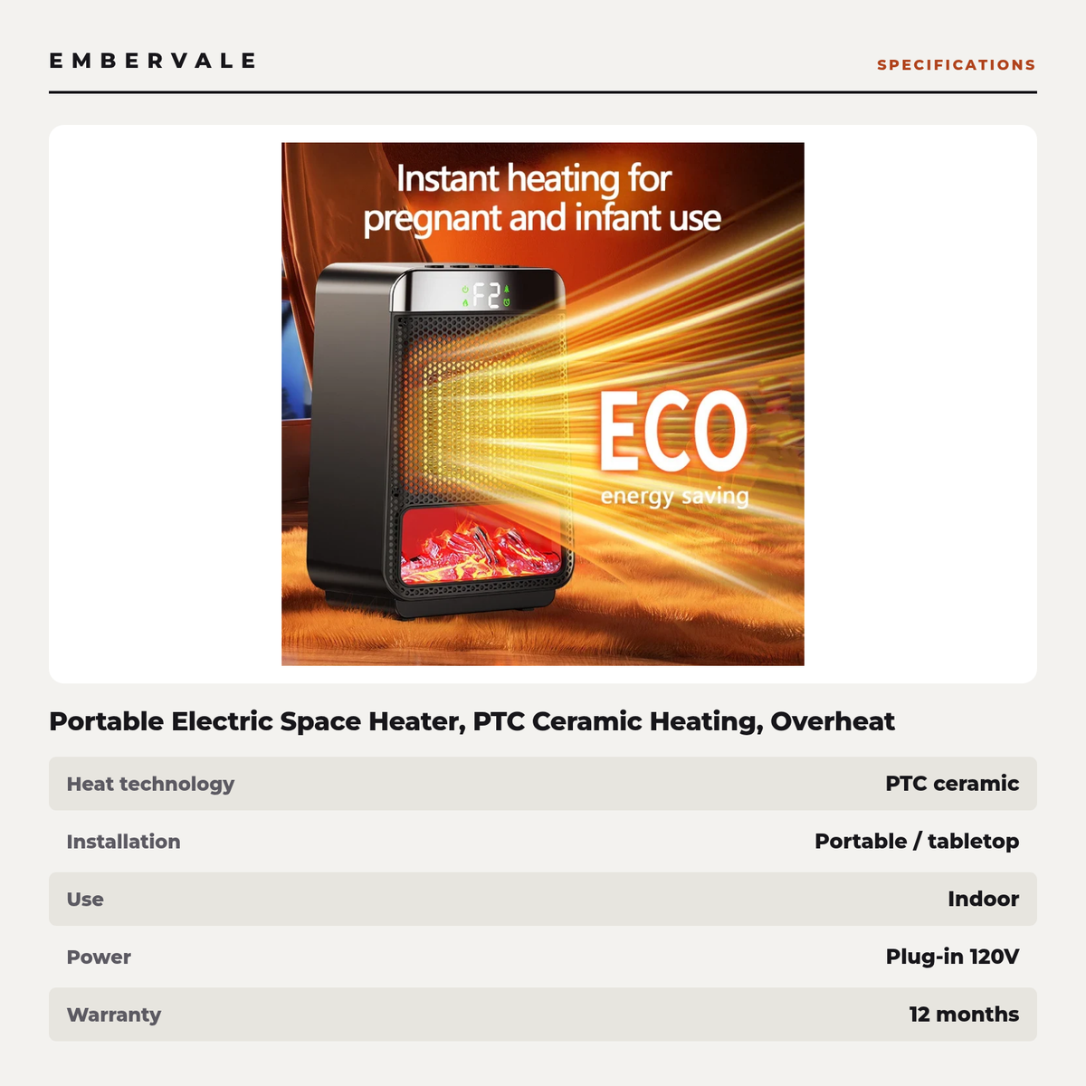 Portable Electric Space Heater, PTC Ceramic Heating, Overheat Protection for Desks, Bedrooms and Home Offices — product view 3
