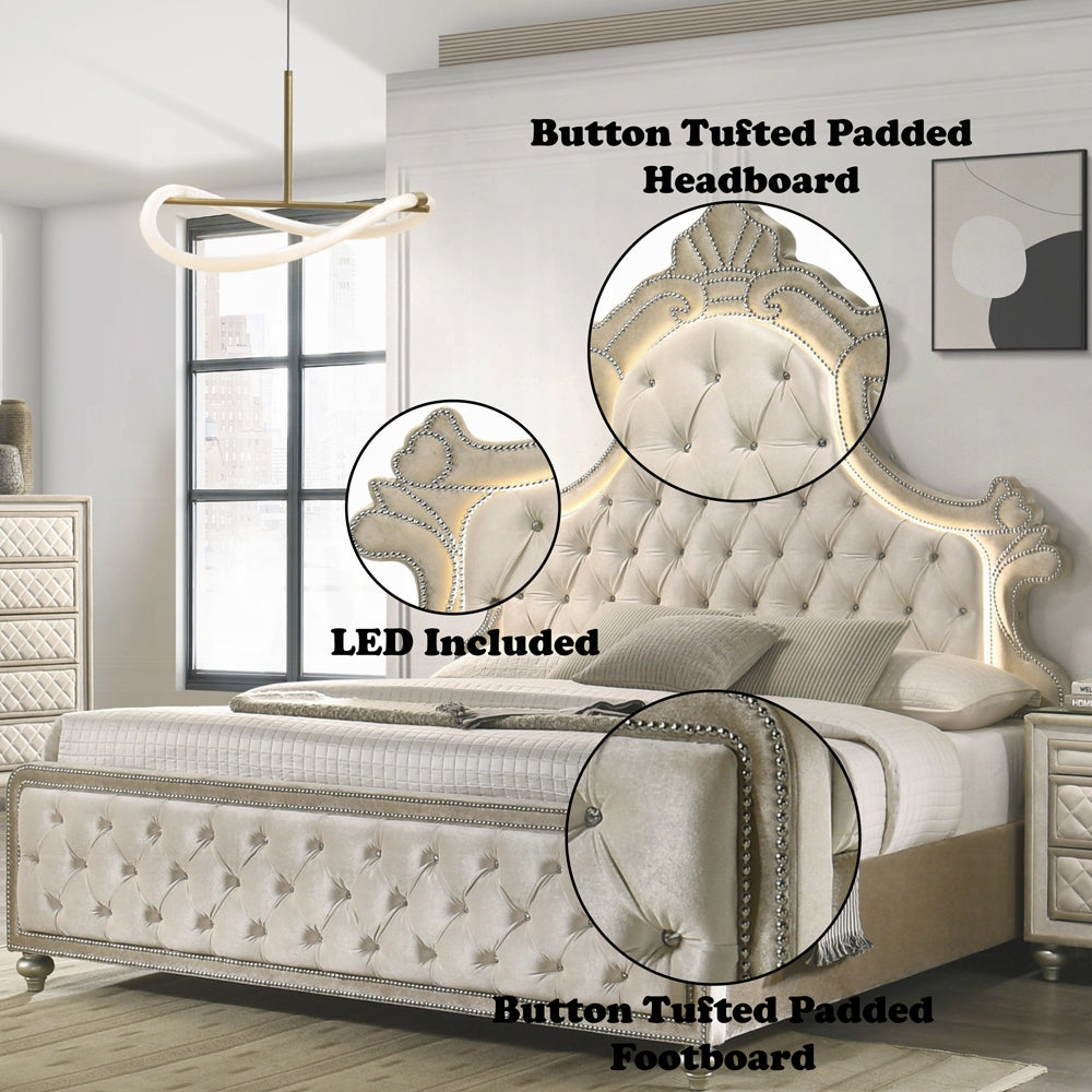 Lucienne Beige Velvet Button-Tufted Ornate Scalloped Headboard Queen Bed with LED Lighting – BD02335Q — product view 1