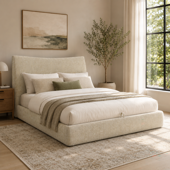 Angulo Beige Chenille Storage Queen Bed – BD07222Q — product view 1