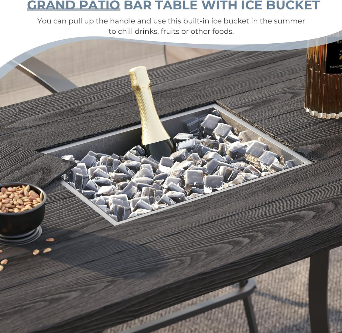 LOUNGE YARD Outdoor Bar Table, Faux Wood Grain Dining Table with Ice Bucket — product view 3