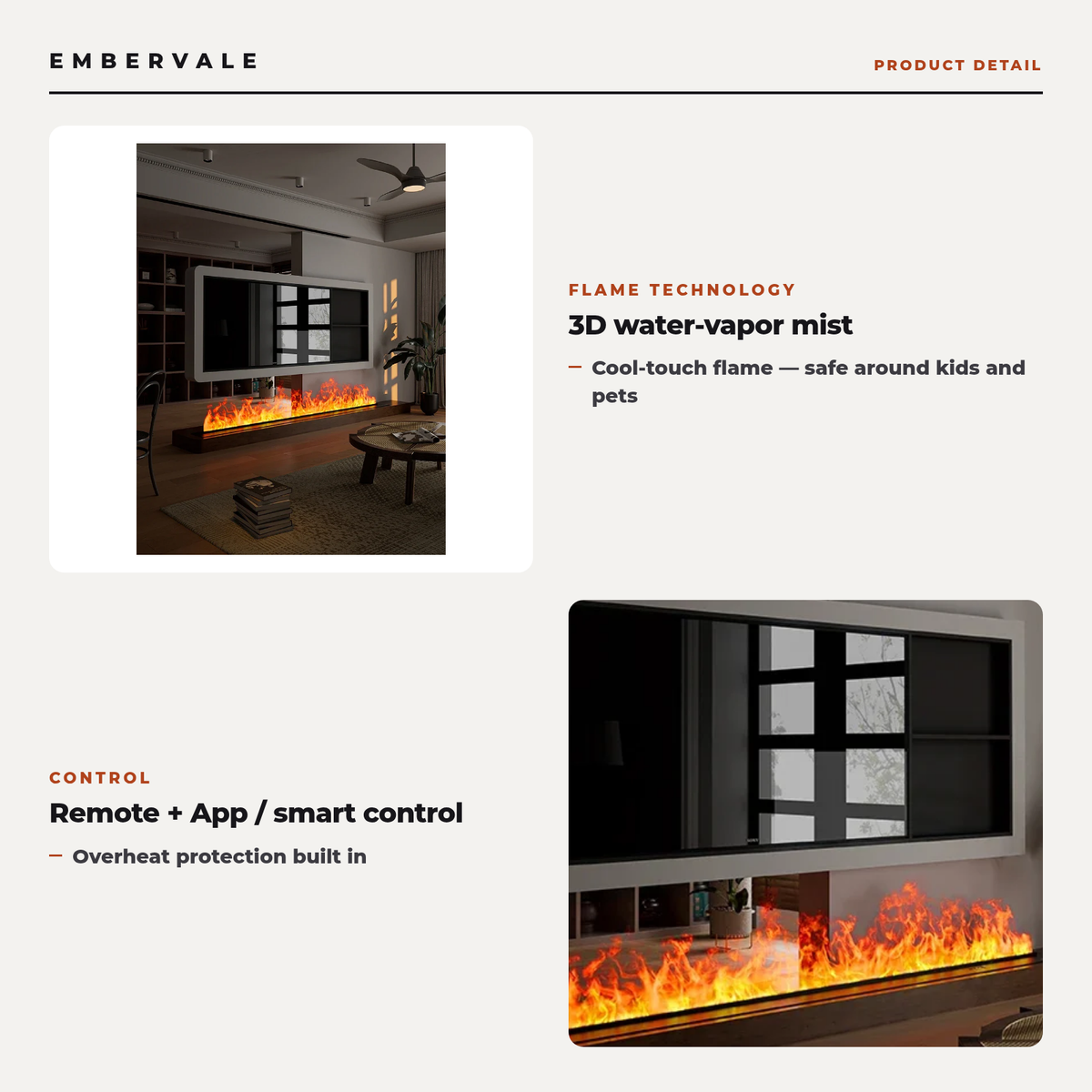 Embedded 3D Steam Electric Fireplace with Realistic Mist Flame Effect, App & Remote Control for Living Room — product view 2