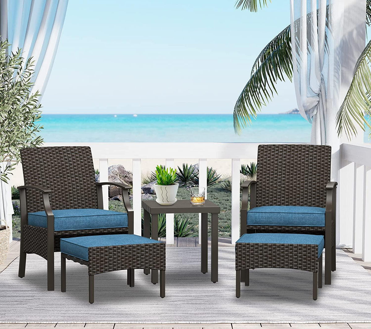 LOUNGE YARD 5 Pieces Outdoor Patio Furniture Sets Weather Resistant Wicker Outdoor Chairs with Ottomans and Coffee Tables — product view 5