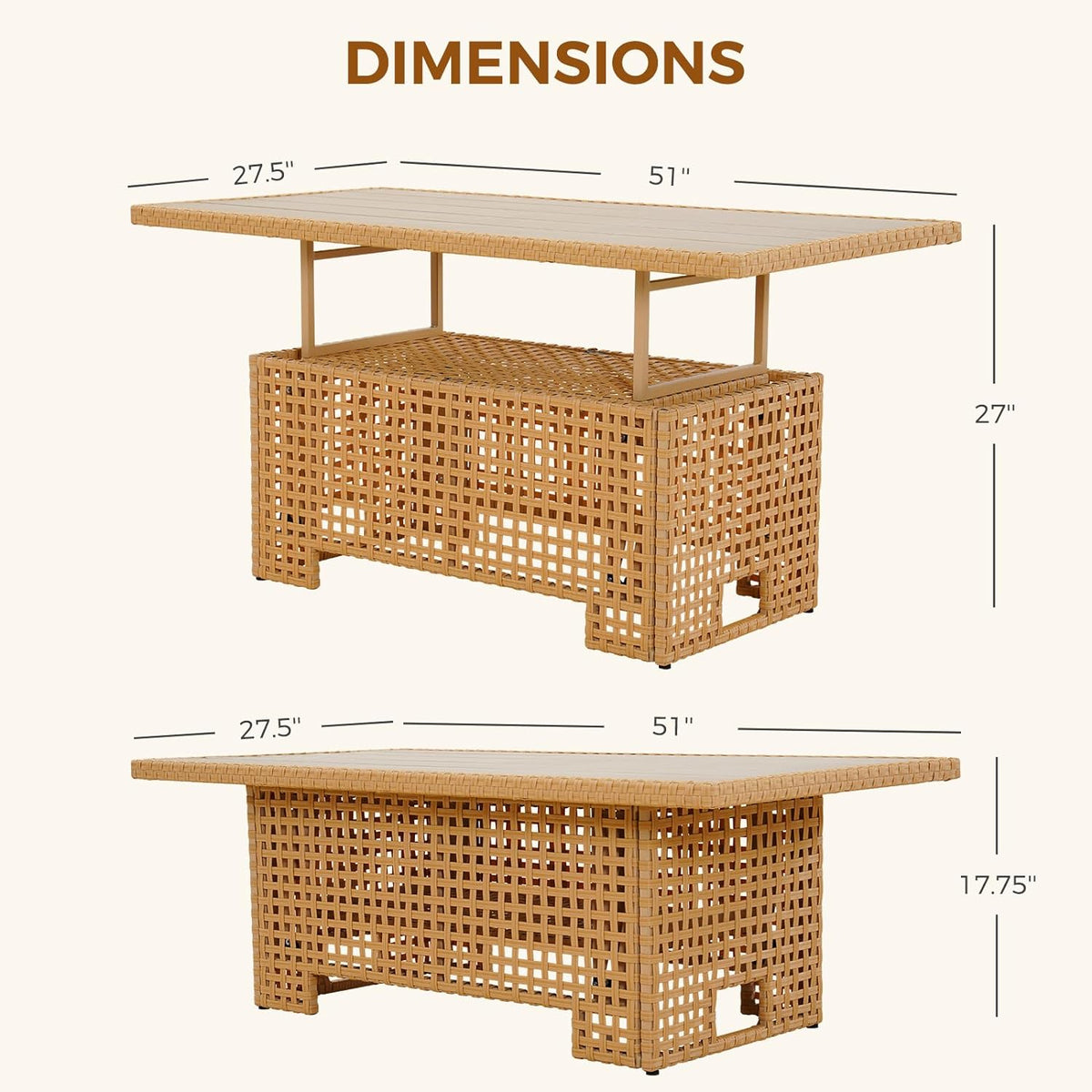 LOUNGE YARD Outdoor & Indoor Coffee Dining Table - All-Weather Resin Wicker Rattan, Adjustable Steel Slat Lift Top — product view 6