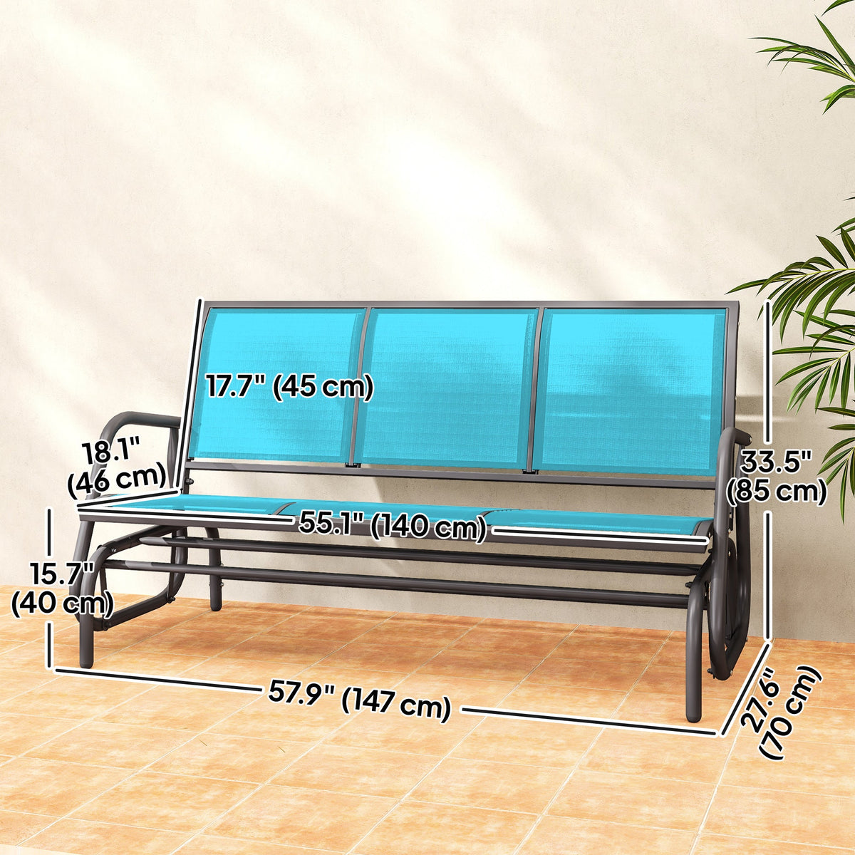 3-Seat Outdoor Glider Bench with Mesh Seat and Steel Frame, Blue — product view 5