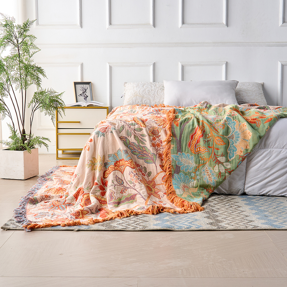 LoungeYard | Boho Floral Cotton Throw Blanket with Fringe – Cream & Orange — product view 3
