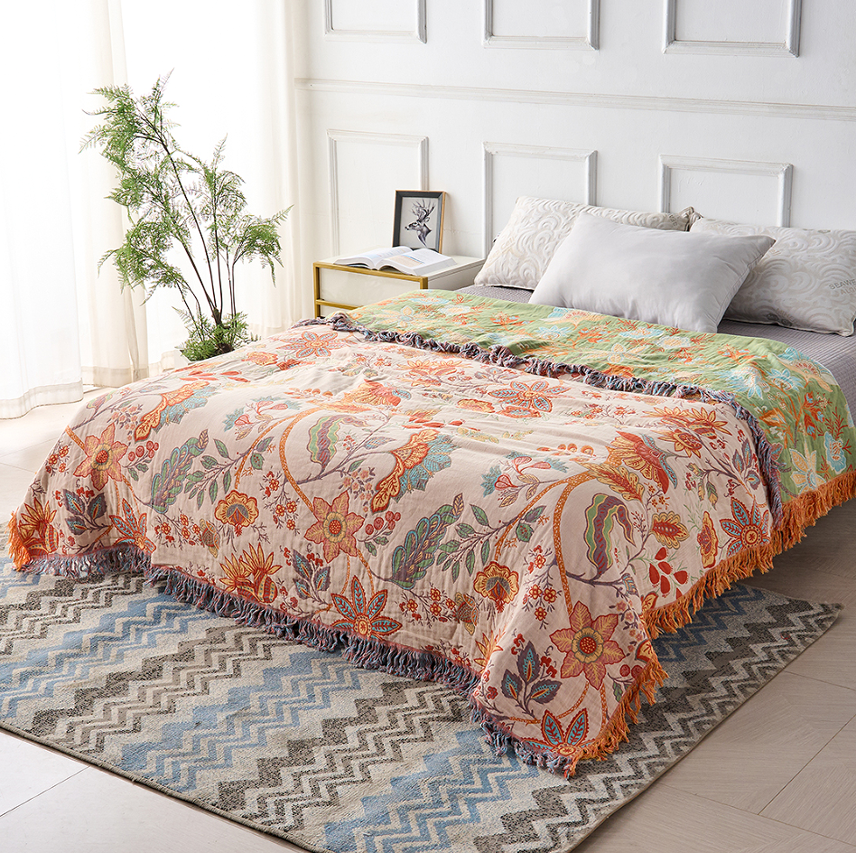 LoungeYard | Boho Floral Cotton Throw Blanket with Fringe – Cream & Orange — product view 2