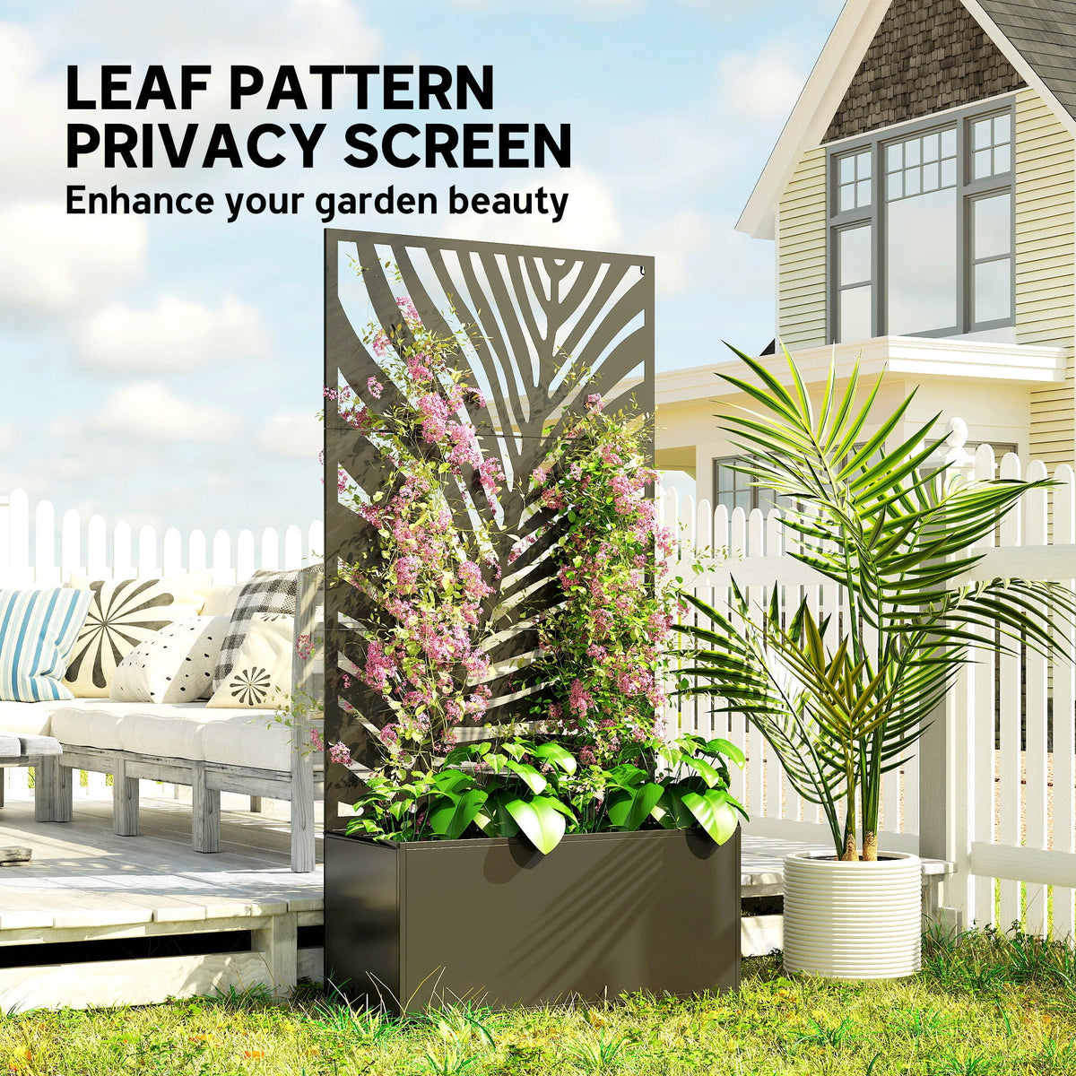 71" Metal Planter Box with Trellis, Large Leaf Cut-Out — product view 7