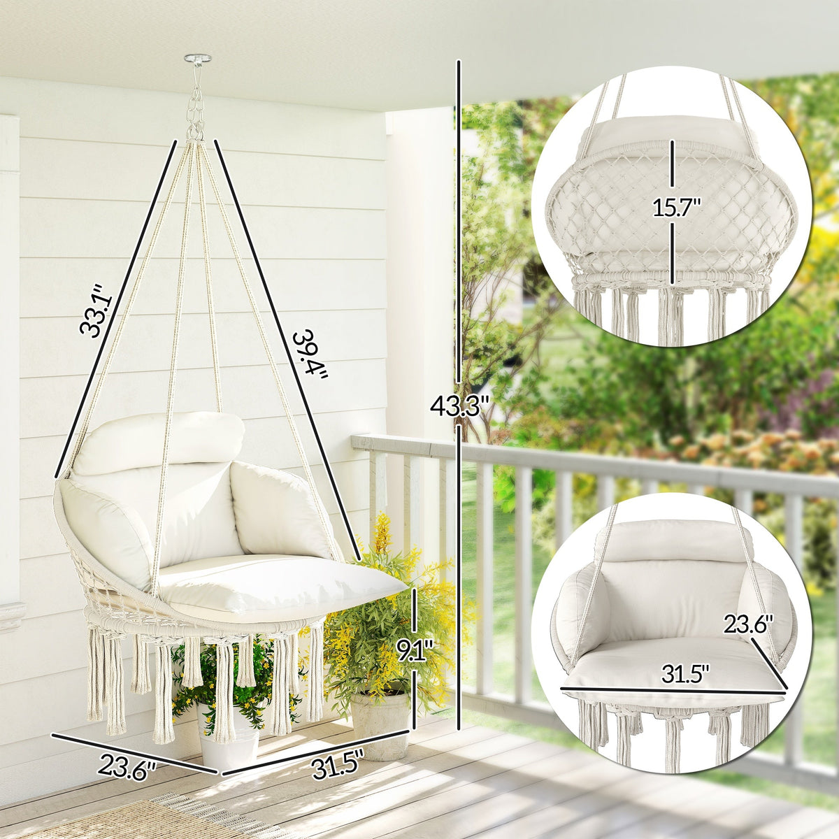 Macrame Hammock Swing Chair with Cushion, Cream White — product view 5