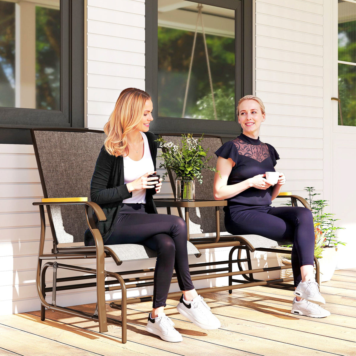 2-Person Outdoor Glider Bench with Table, Light Mixed Brown — product view 4