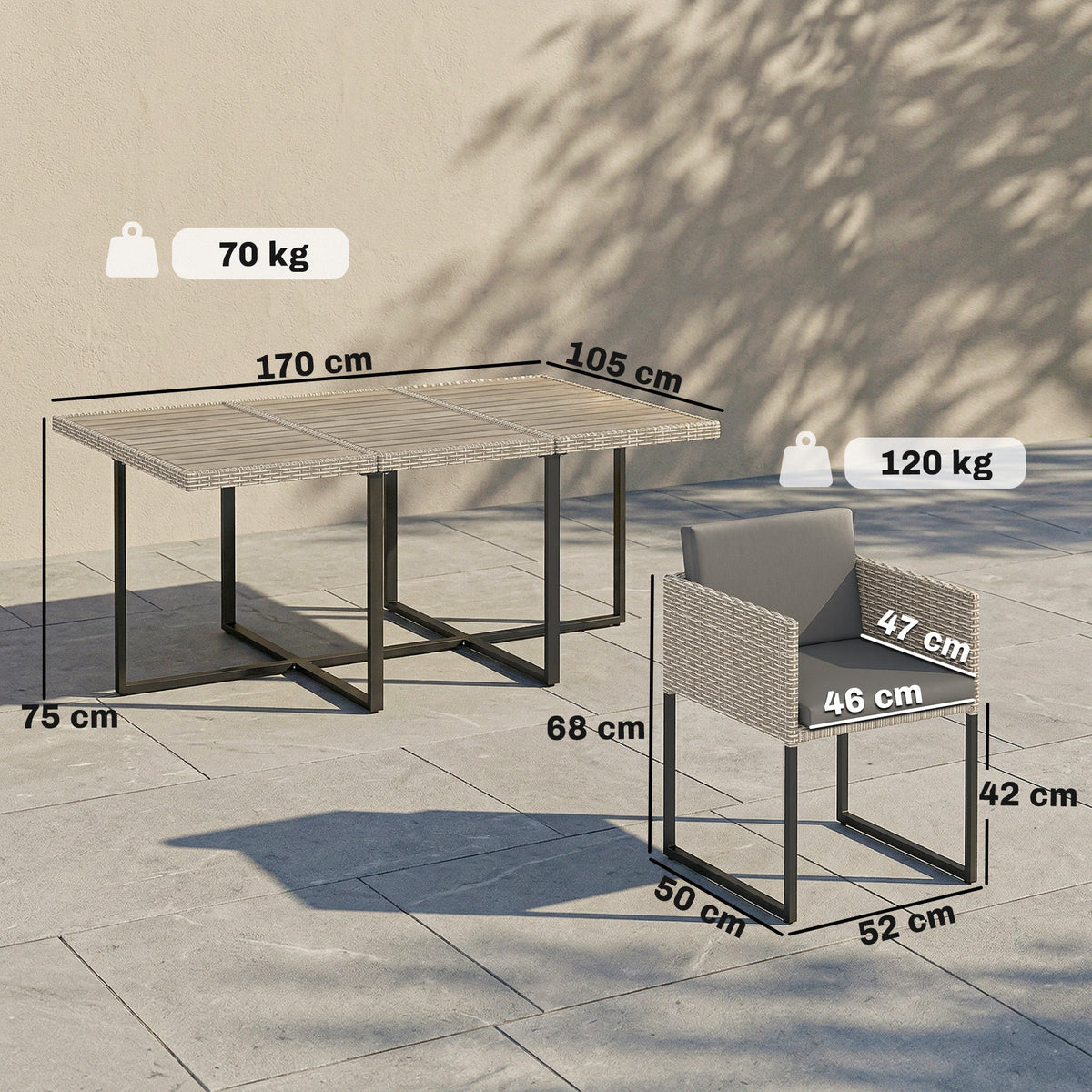 7-Piece Light Grey Rattan Dining Set with WPC Table, 6 Chairs & 12 Cushions — product view 5