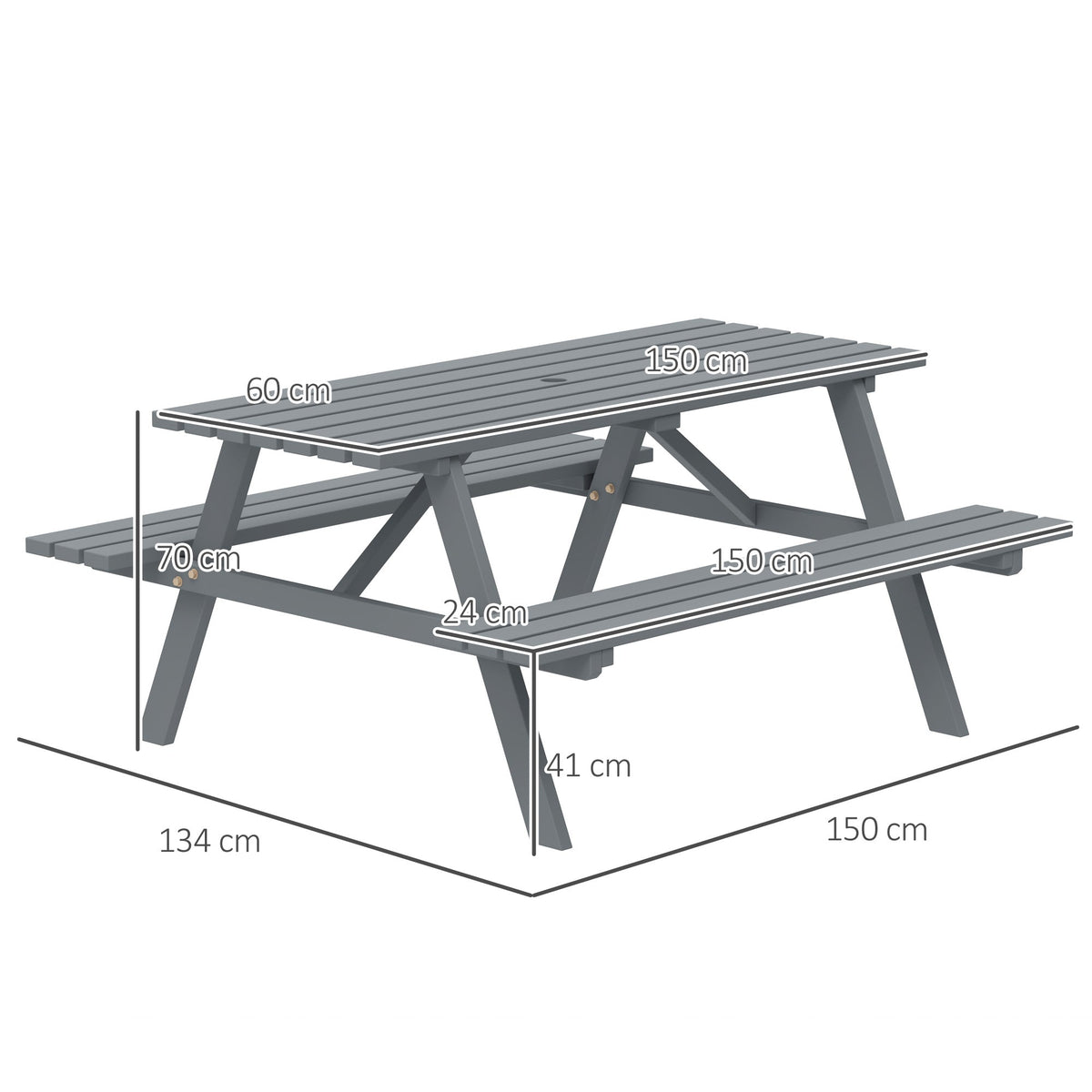 150 cm 6 Seater Wooden Picnic Table Bench with Parasol Hole, Grey — product view 5