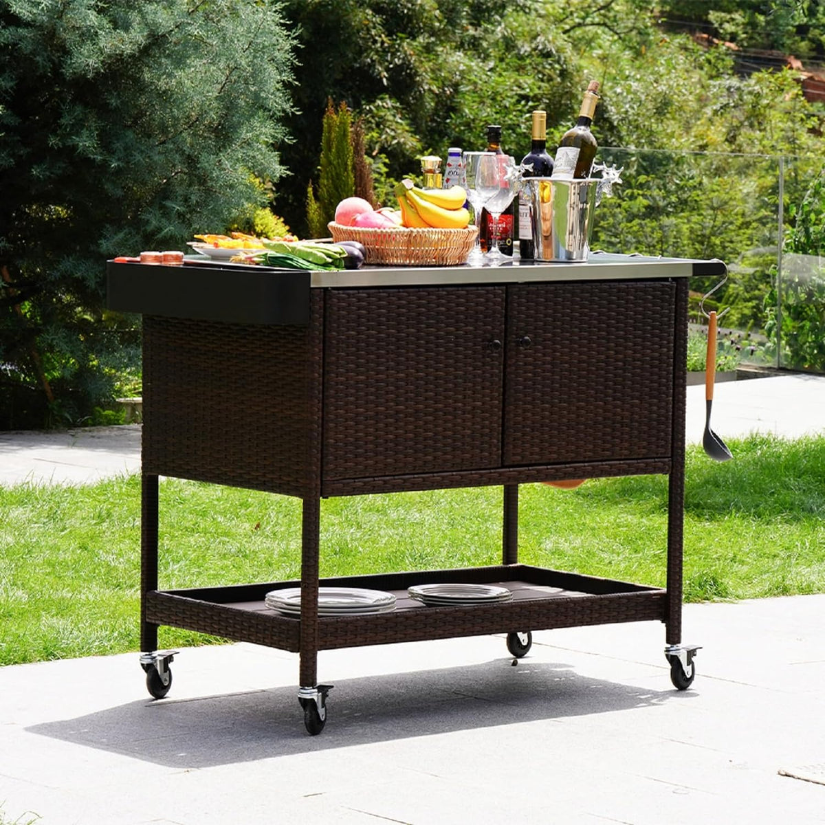 LOUNGE YARD Tietsia Bar Cart, Rolling Wicker Bar Cart w/Storage Cabinet — product view 1