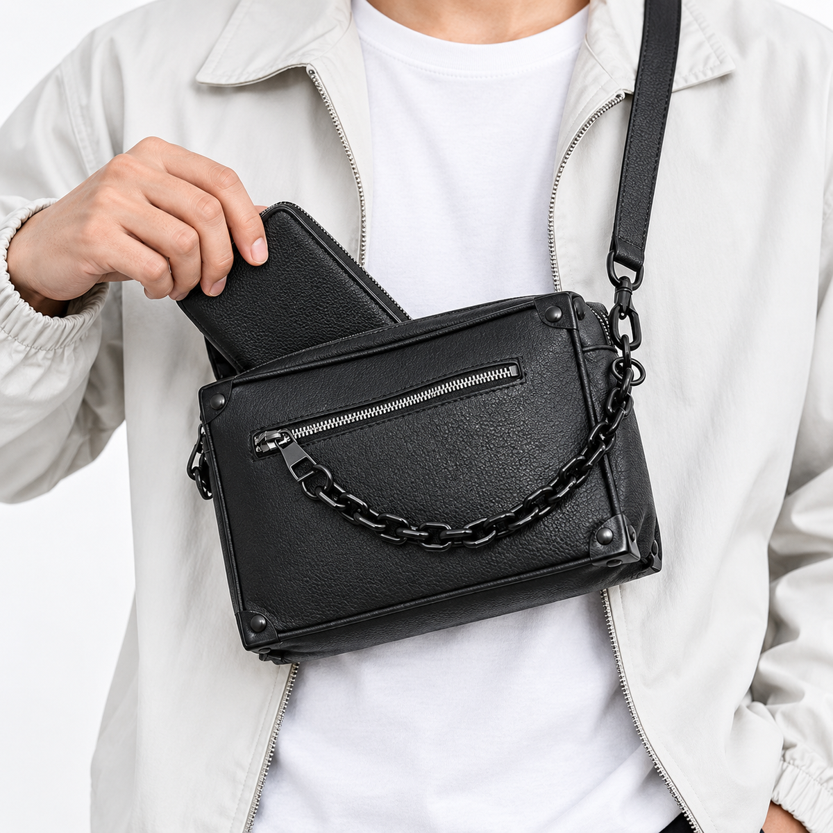 Rectangular Leather Crossbody Bag with Chain Strap and Front Zipper Pocket LoungeYard — product view 1