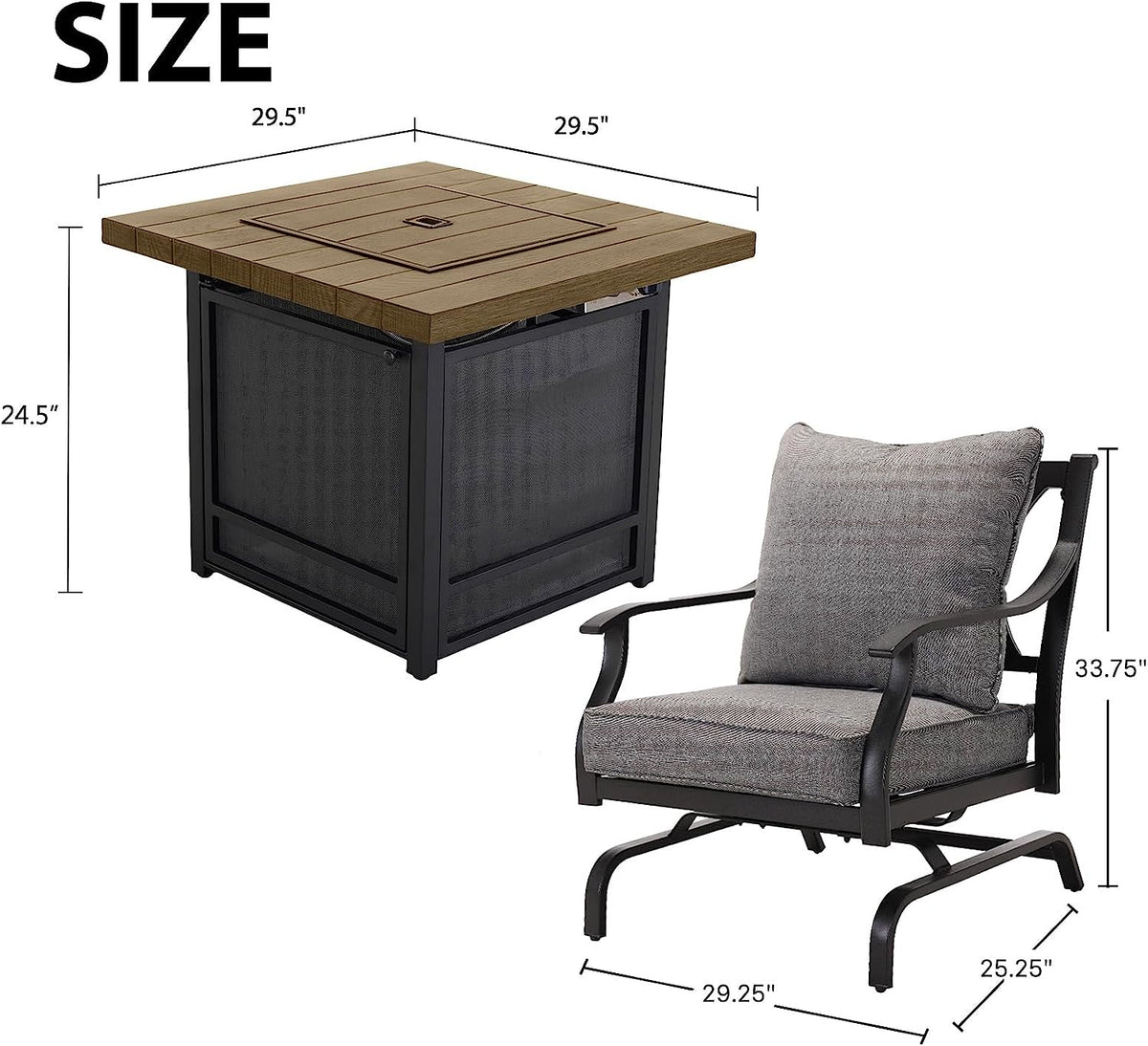 LOUNGE YARD 5 PCS Outdoor Furniture Conversation Grey Cushions Rocking Chairs Propane Gas Fire Table — product view 4