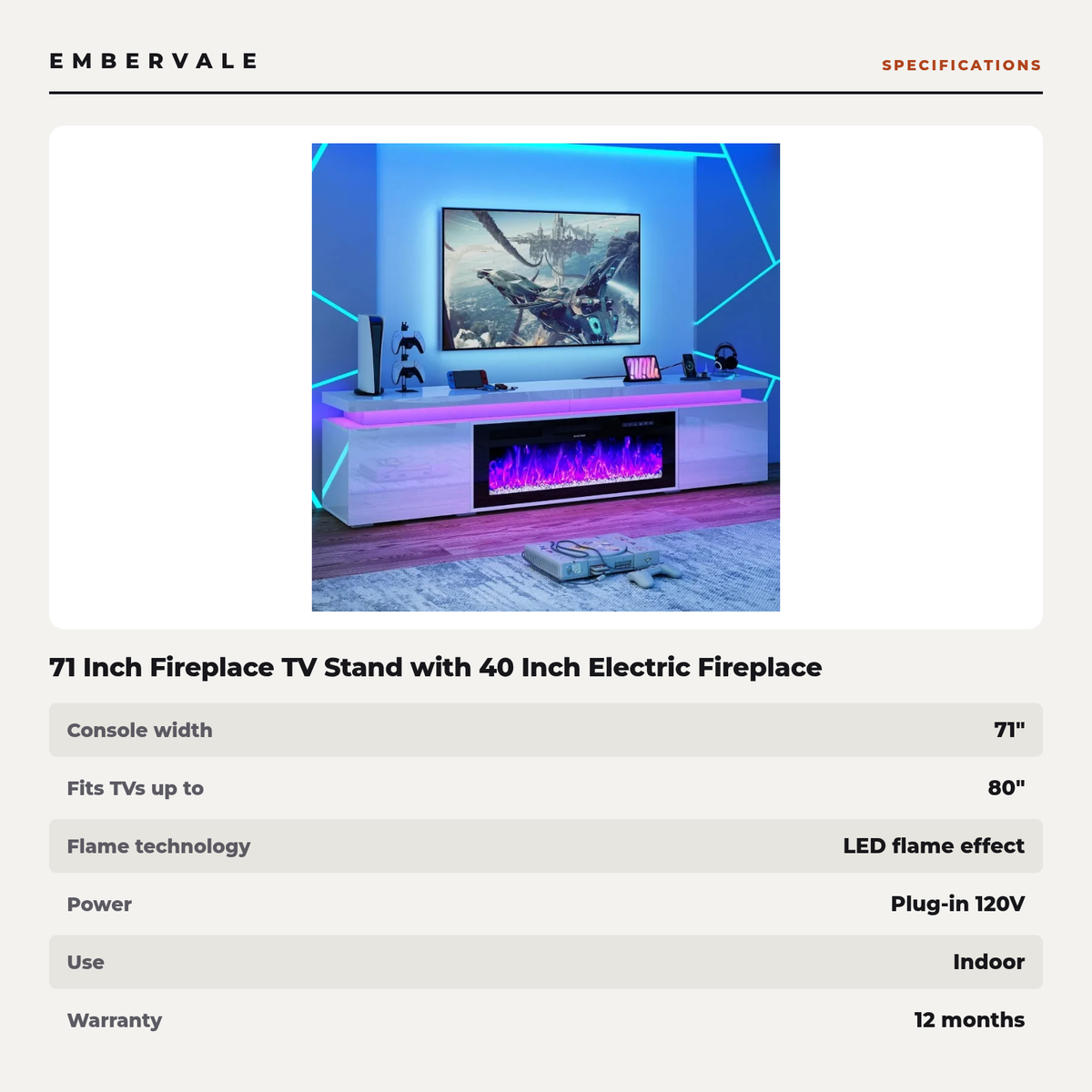 71 Inch Fireplace TV Stand with 40 Inch Electric Fireplace & Power Outlet for 80 Inch TV, High-Gloss Media Console with Storage — product view 3