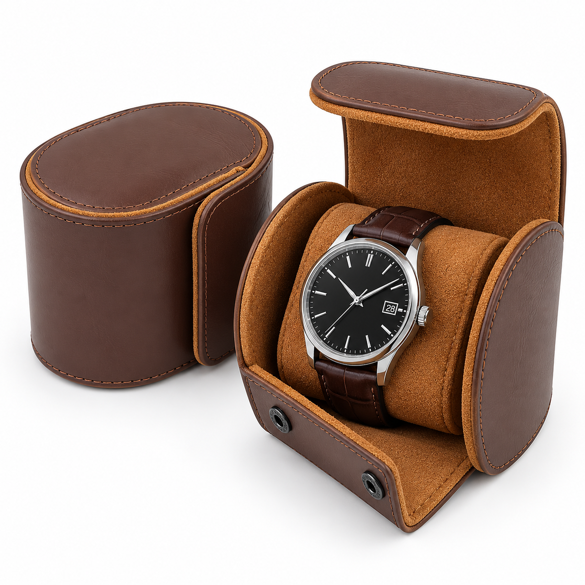 Compact Leather Travel Watch Roll Case with Snap Closure LoungeYard — product view 1