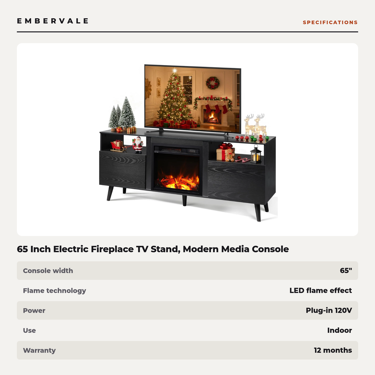 65 Inch Electric Fireplace TV Stand, Modern Media Console Entertainment Center for Living Rooms — product view 3