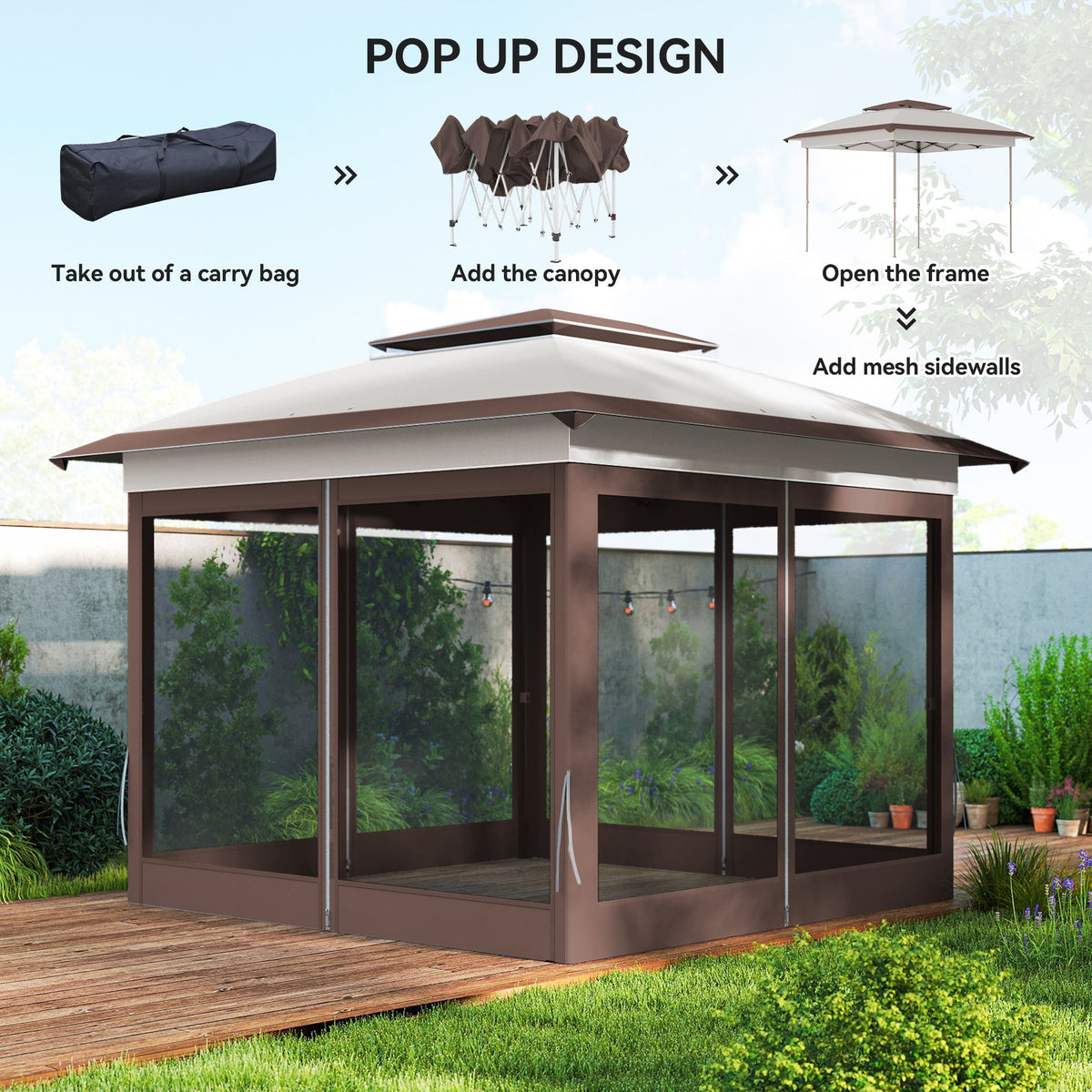 12' x 12' Pop-Up Canopy with Mesh Sidewalls, Adjustable Height, Beige Dark Brown — product view 6