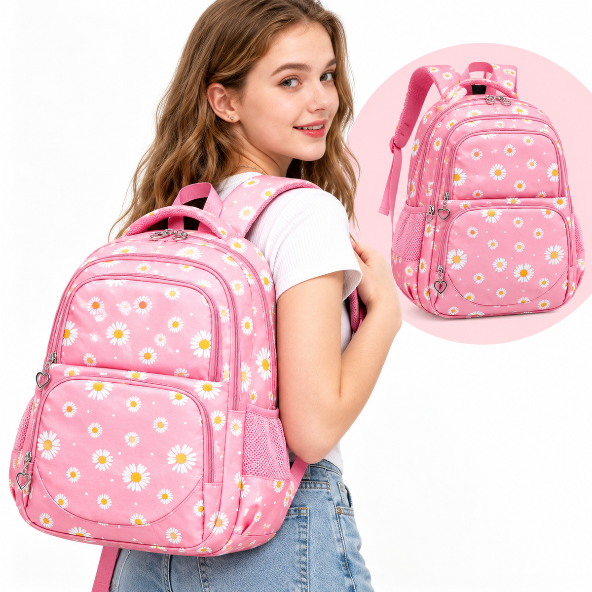 Daisy Print School Backpack Set with Insulated Lunch Bag & Pencil Case LoungeYard — product view 1