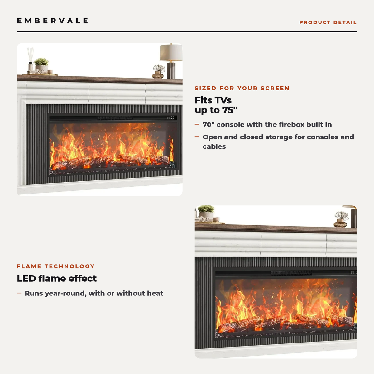 70" Fireplace TV Stand with 42" Electric Fireplace, Farmhouse TV Stand for 65 75 Inch TV, Entertainment Center TV Console — product view 2