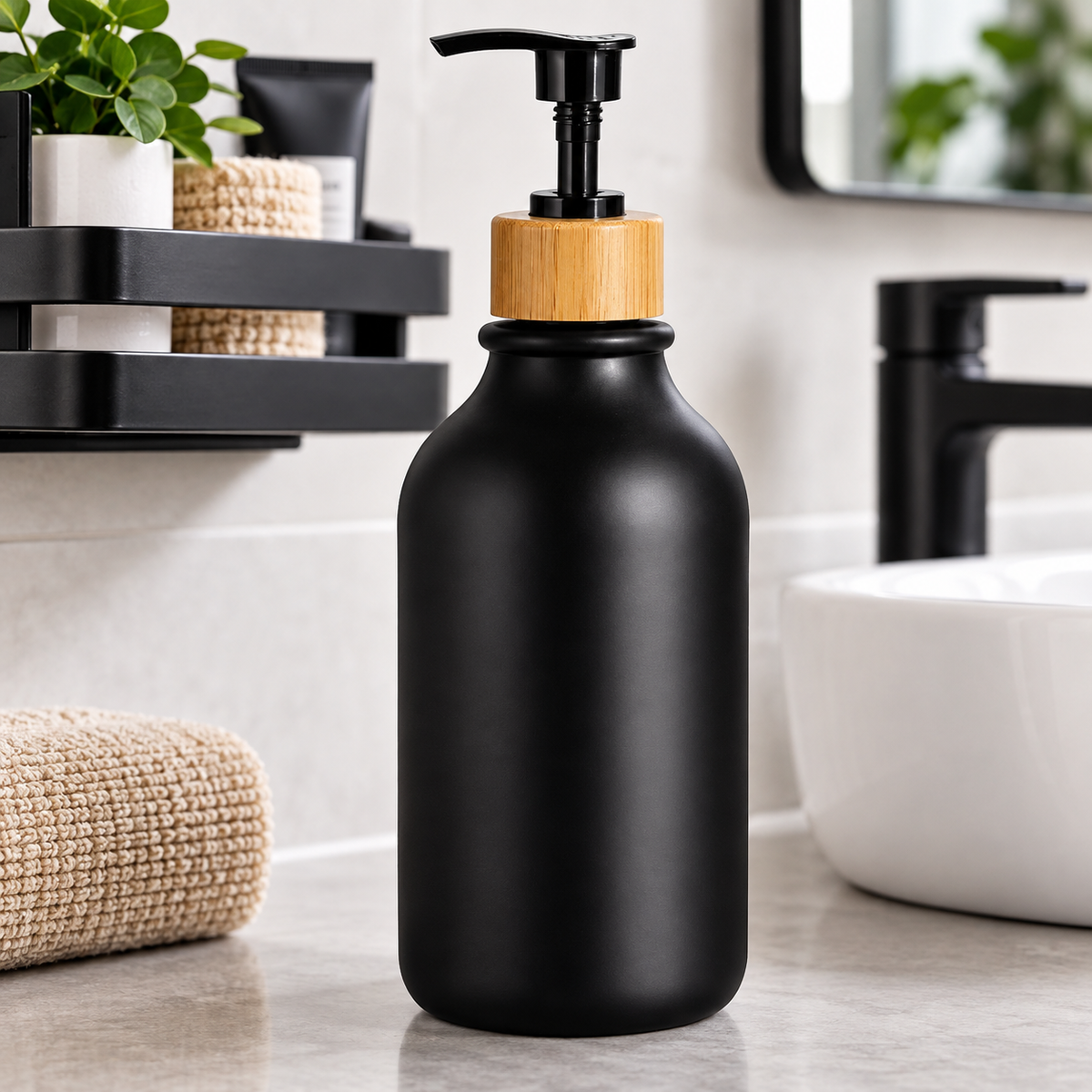 Glass Refillable Soap and Lotion Pump Bottles with Bamboo Wood Caps LoungeYard — product view 1