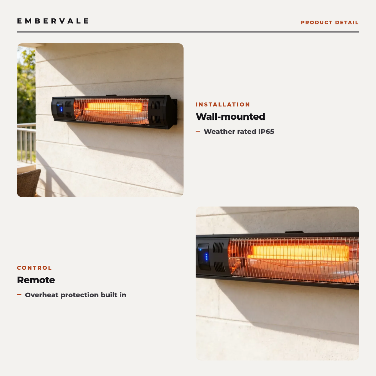Wall Mounted Quartz Infrared Patio Heater with Remote Control, IP65 Outdoor Electric Radiant Heater — product view 2